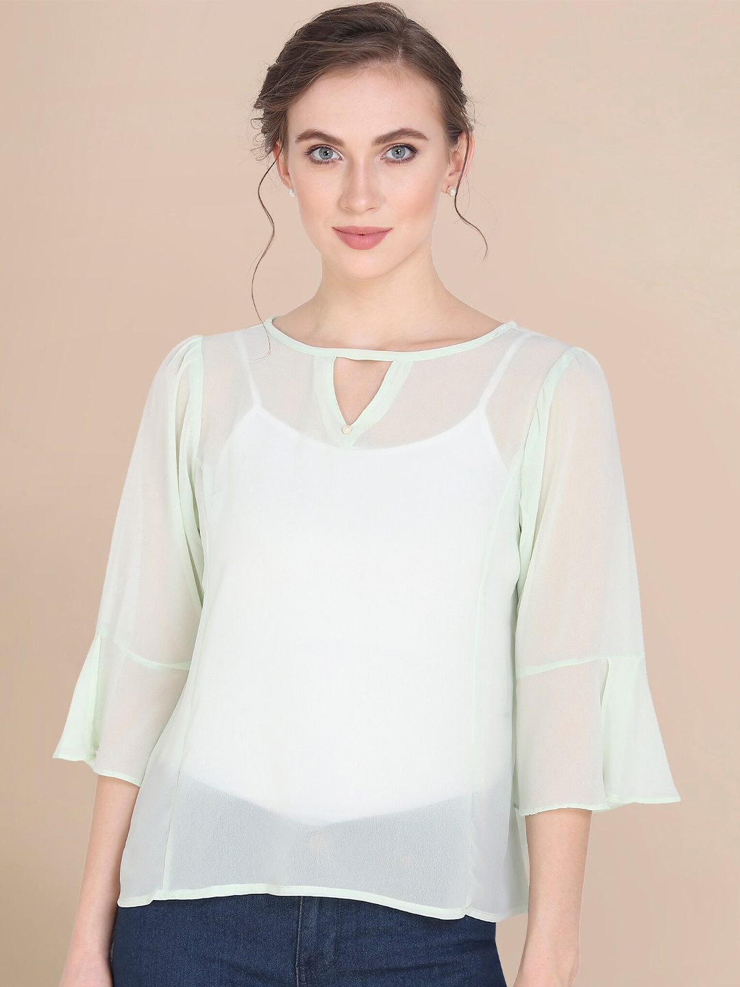 

KALINI Bell Sleeves Sheer Georgette Top, Green