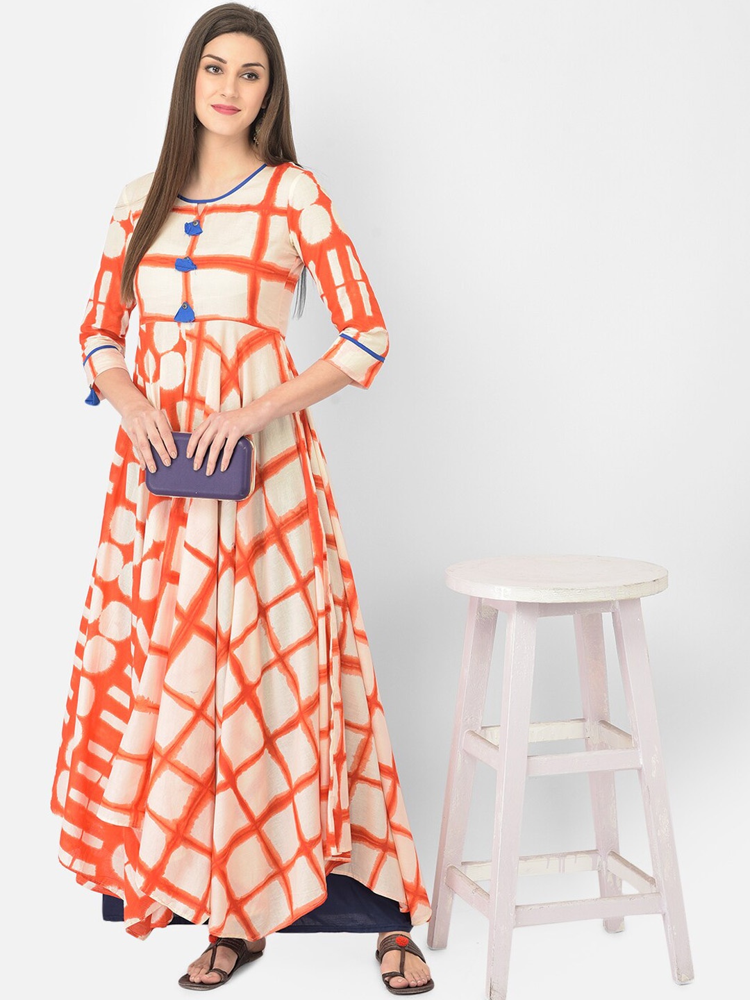 

Span Women Geometric Printed Cotton Anarkali Kurta, Orange
