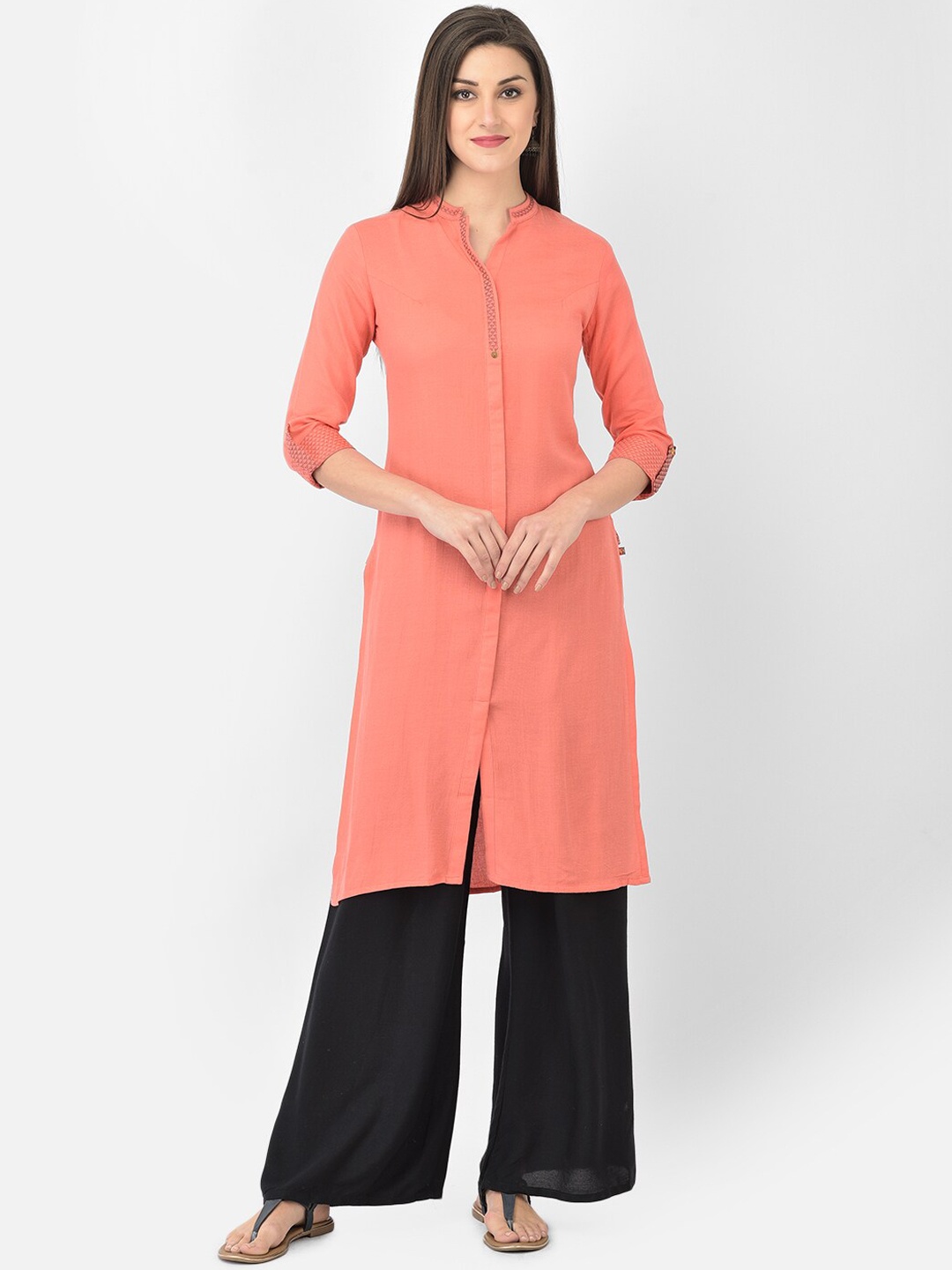 

Span Mandarin Collar Pure Cotton Kurta, Peach