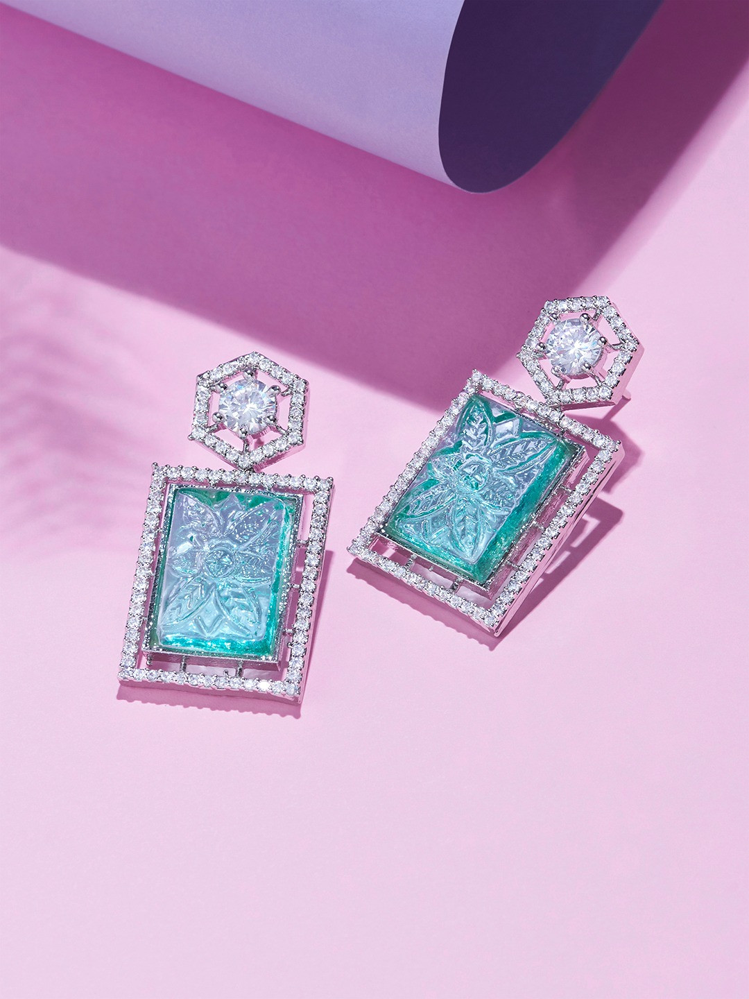 

Zaveri Pearls Silver-Plated Cubic Zirconia Studded Drop Earrings, Turquoise blue