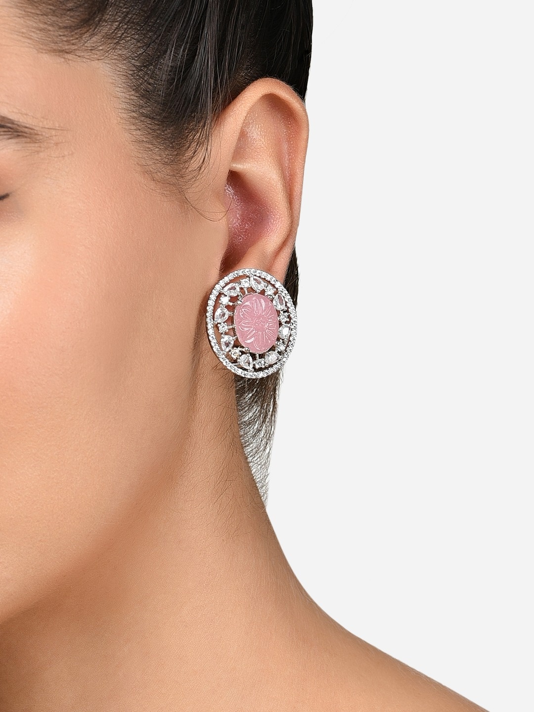 

Zaveri Pearls Silver-Plated Circular Cubic Zirconia Studded Studs Earrings, Pink