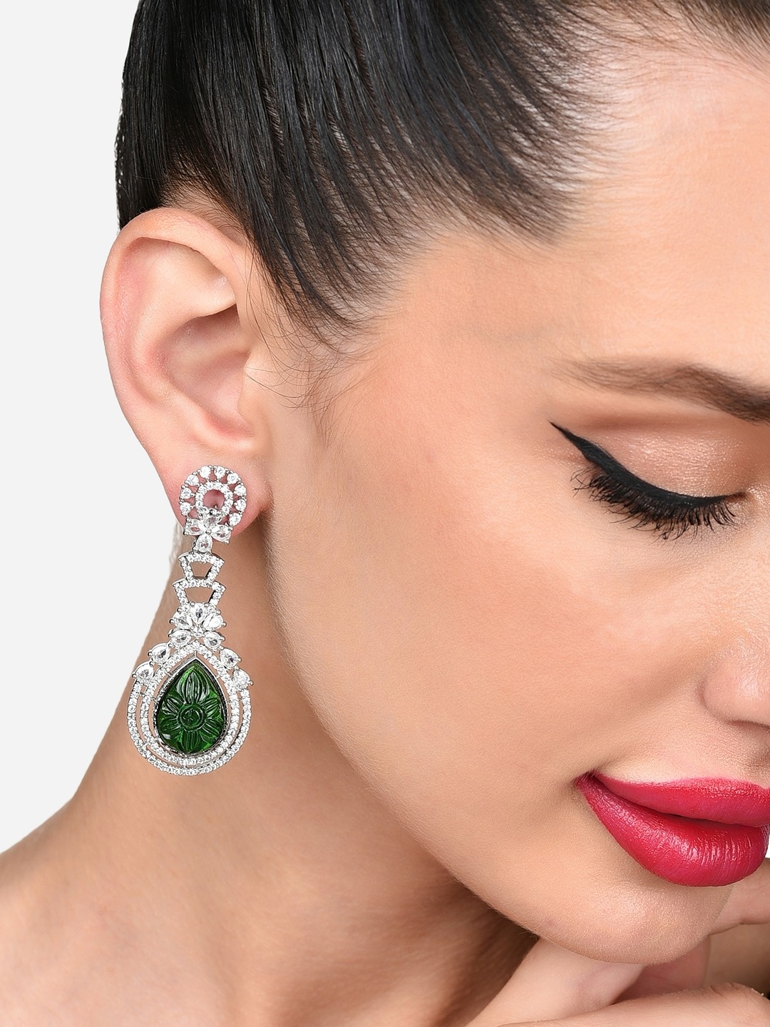 

Zaveri Pearls Silver-Plated Teardrop Shaped Cubic Zirconia Studded Drop Earrings, Green