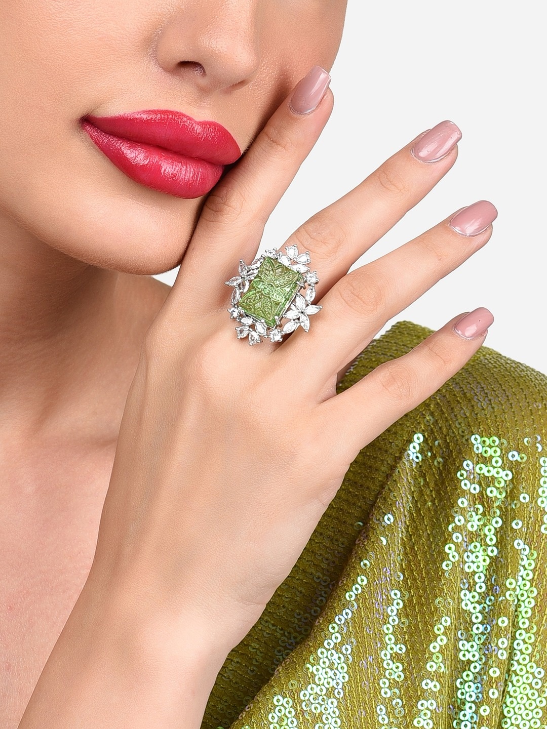 

Zaveri Pearls Silver-Plated CZ-Studded Adjustable Finger Ring