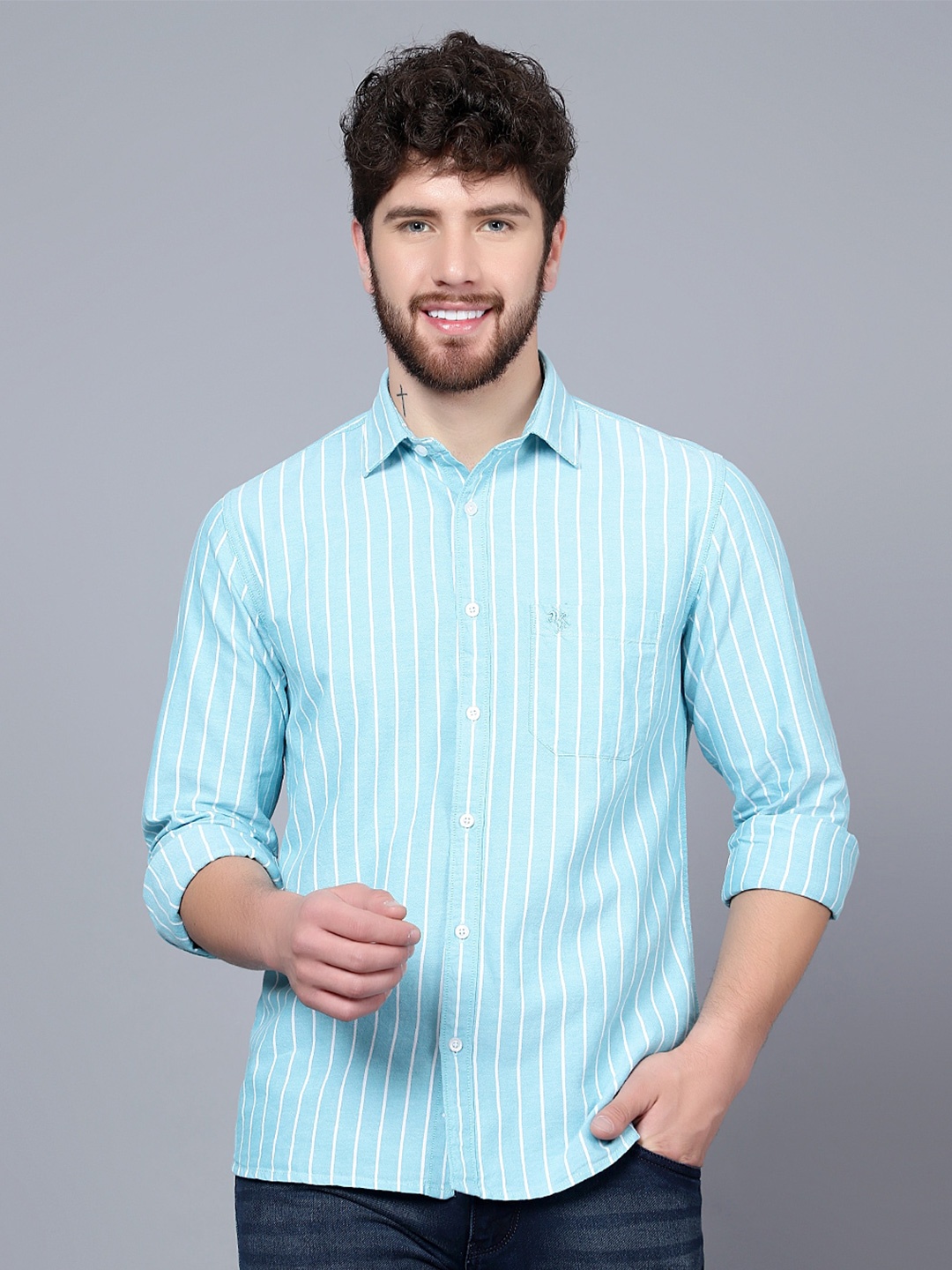 

Cantabil Vertical Striped Cotton Casual Shirt, Sea green