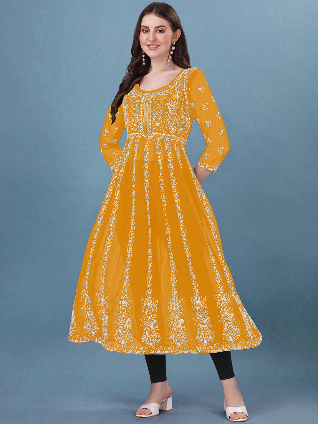 

FabFairy Paisley Chikankari Georgette Anarkali Kurta, Mustard