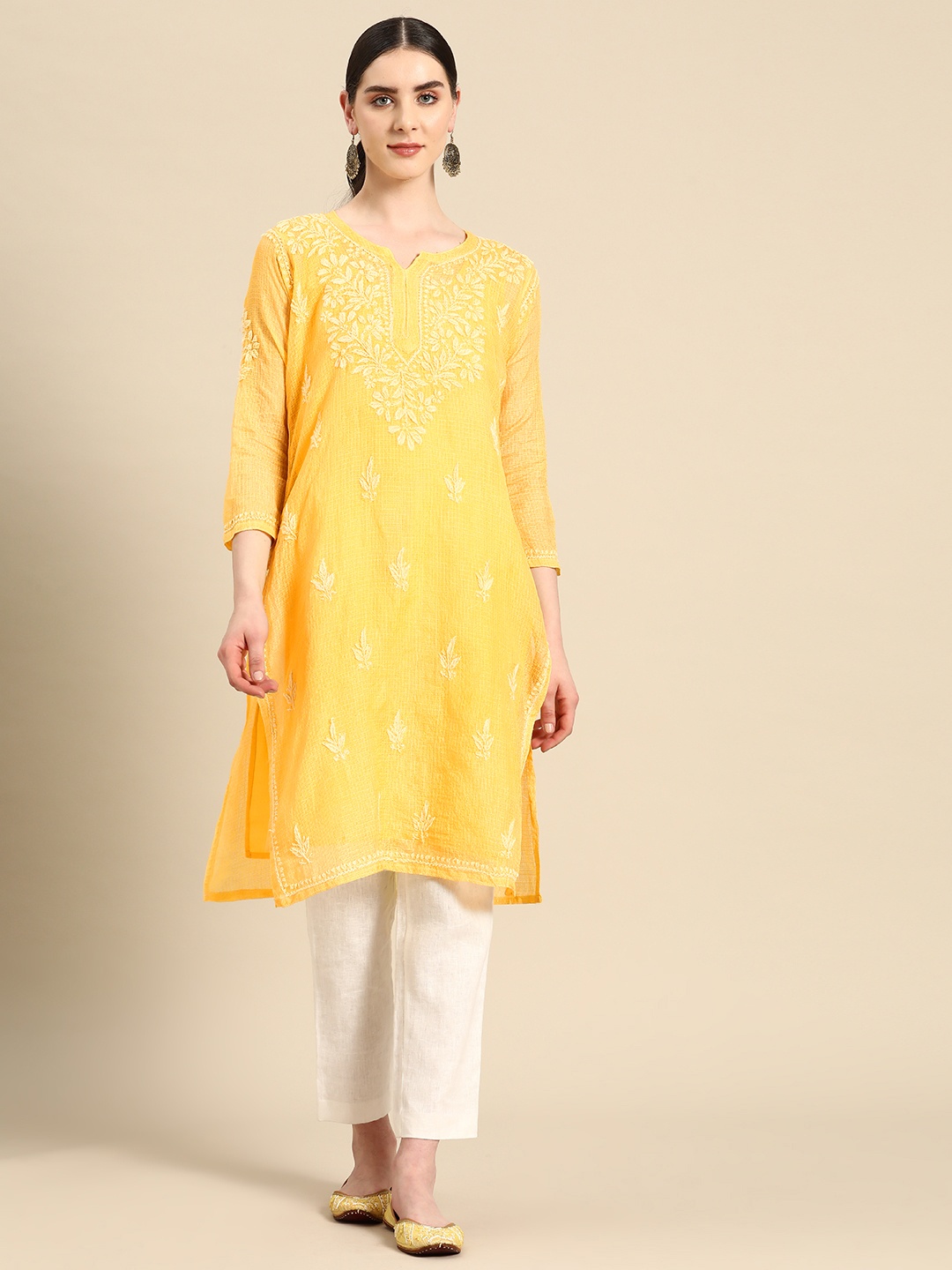 

Saadgi Ethnic Motifs Embroidered Chikankari Pastels Kurta, Yellow
