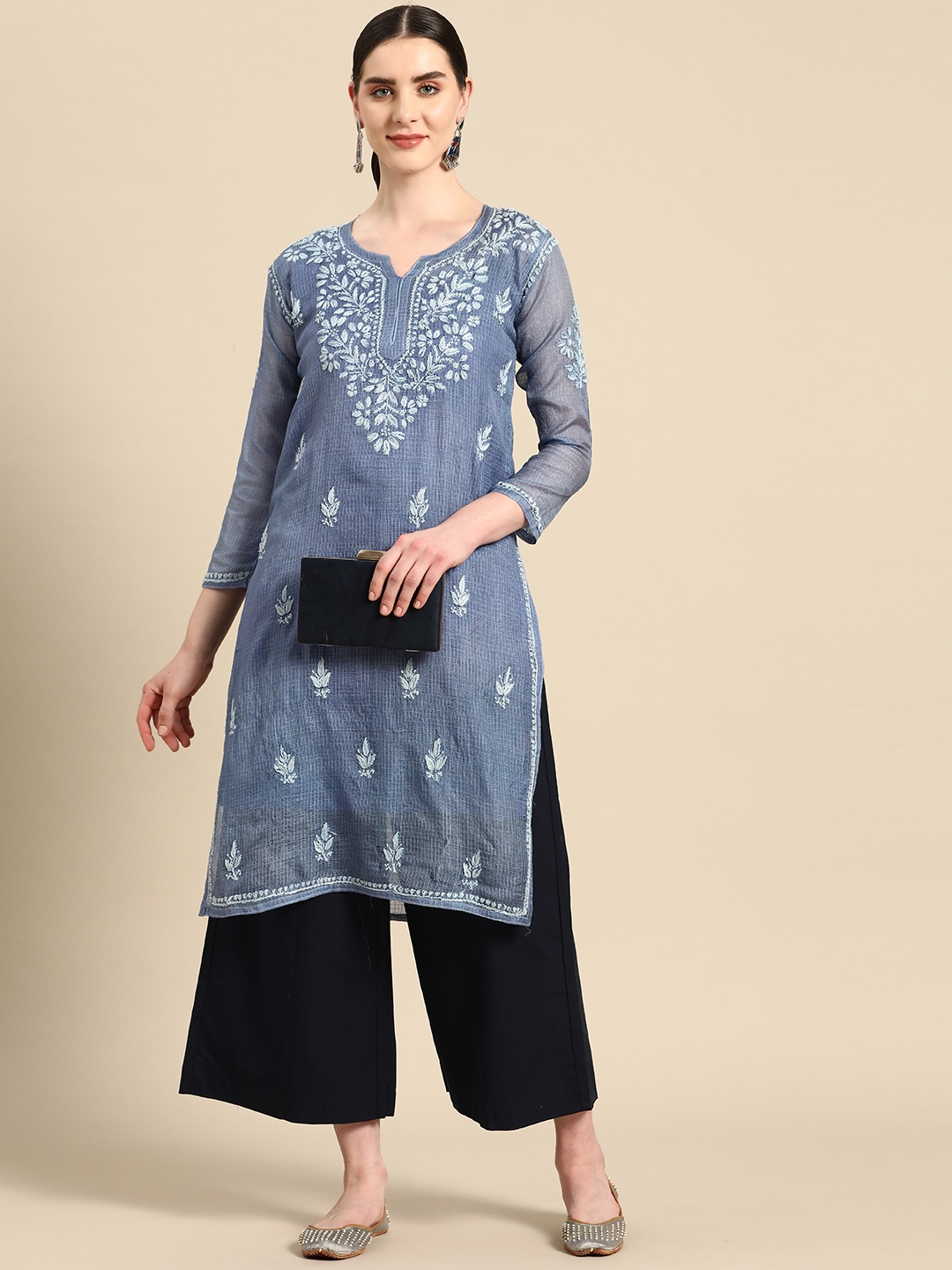 

Saadgi Ethnic Motifs Embroidered Chikankari Pastels Kurta, Blue