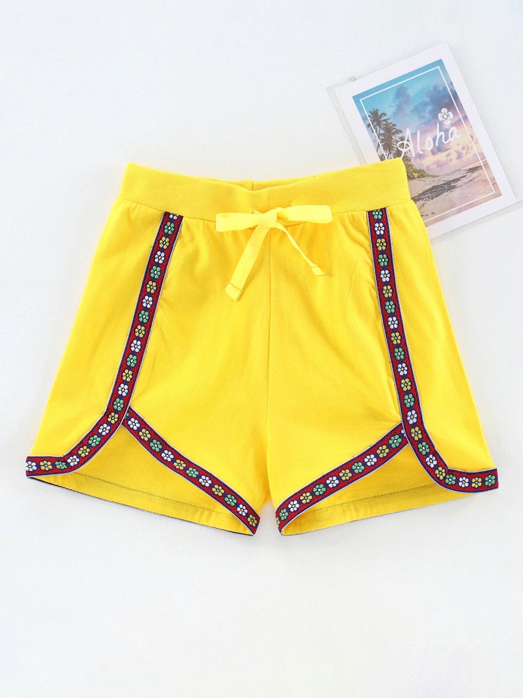 

KiddoPanti Girls Mid-Rise Pure Embroidered Cotton Shorts, Yellow