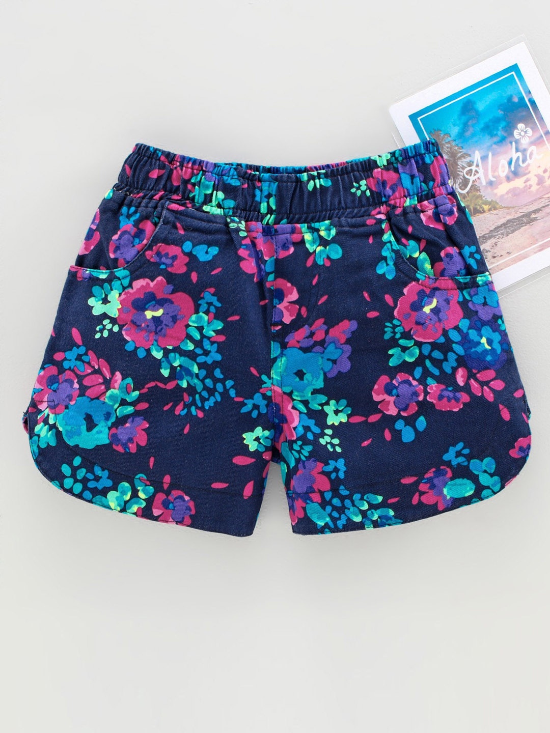KiddoPanti Girls Floral Printed Cotton Slip On Shorts, Navy blue