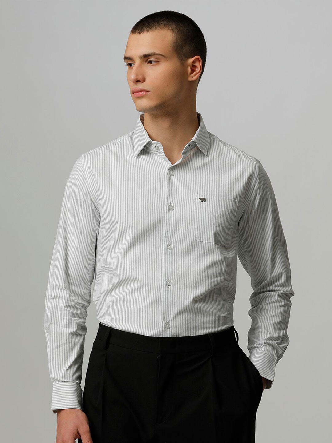 

THE BEAR HOUSE Slim Fit Striped Pure Cotton Formal Shirt, Grey