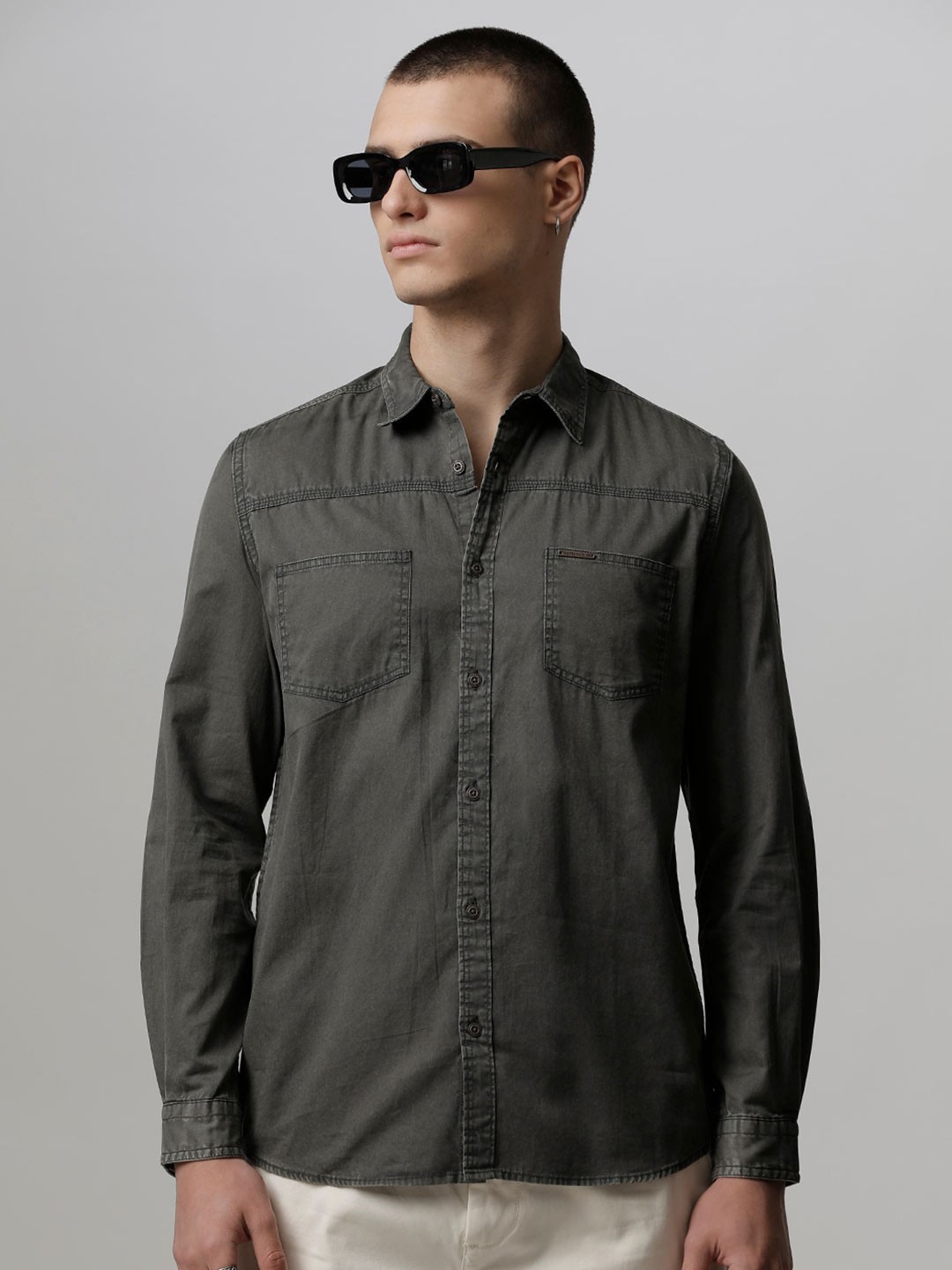 

THE BEAR HOUSE Slim Fit Spread Collar Pure Cotton Casual Shirt, Grey