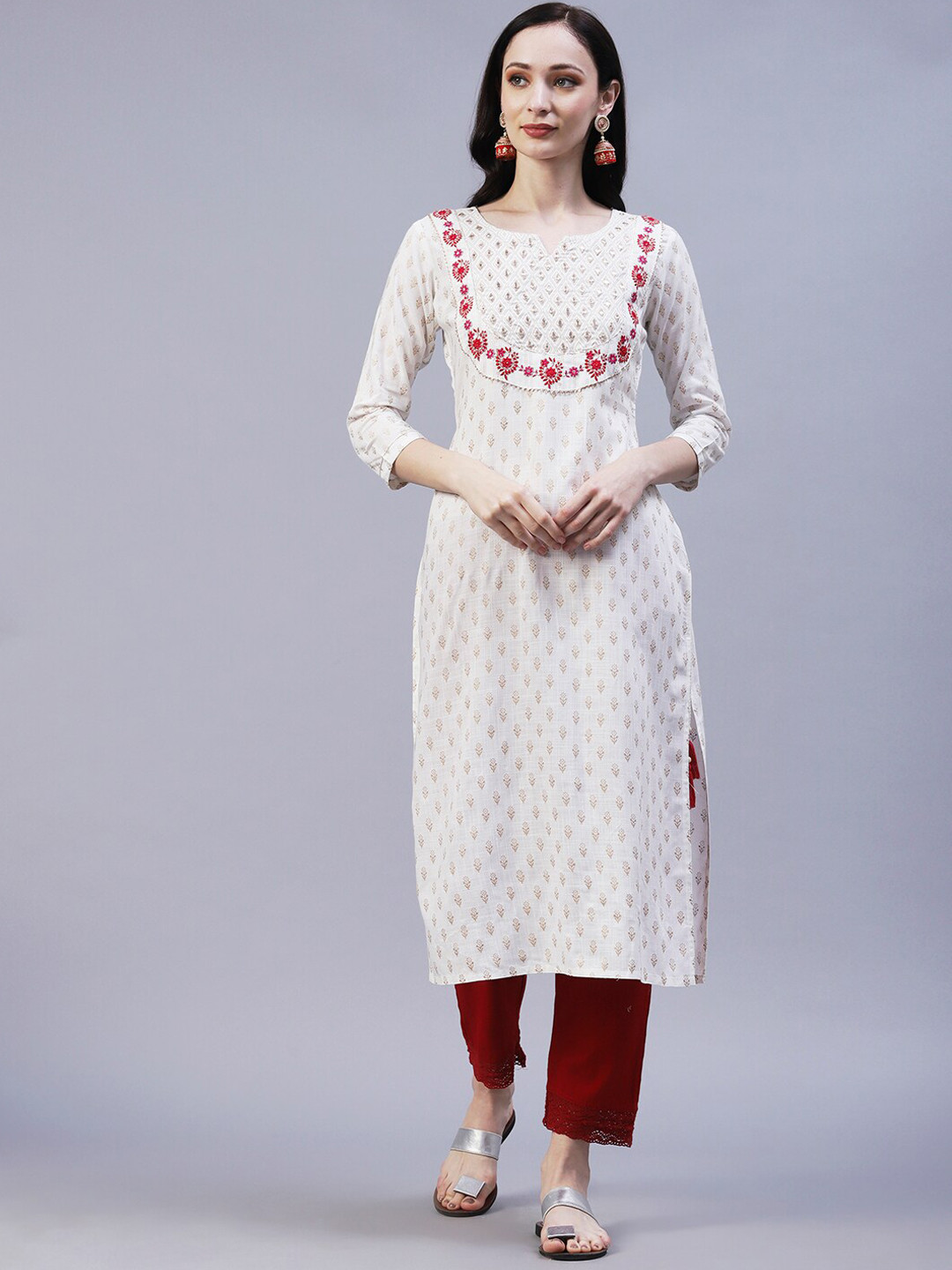 

FASHOR Floral Printed Thread Work Kurta, Off white