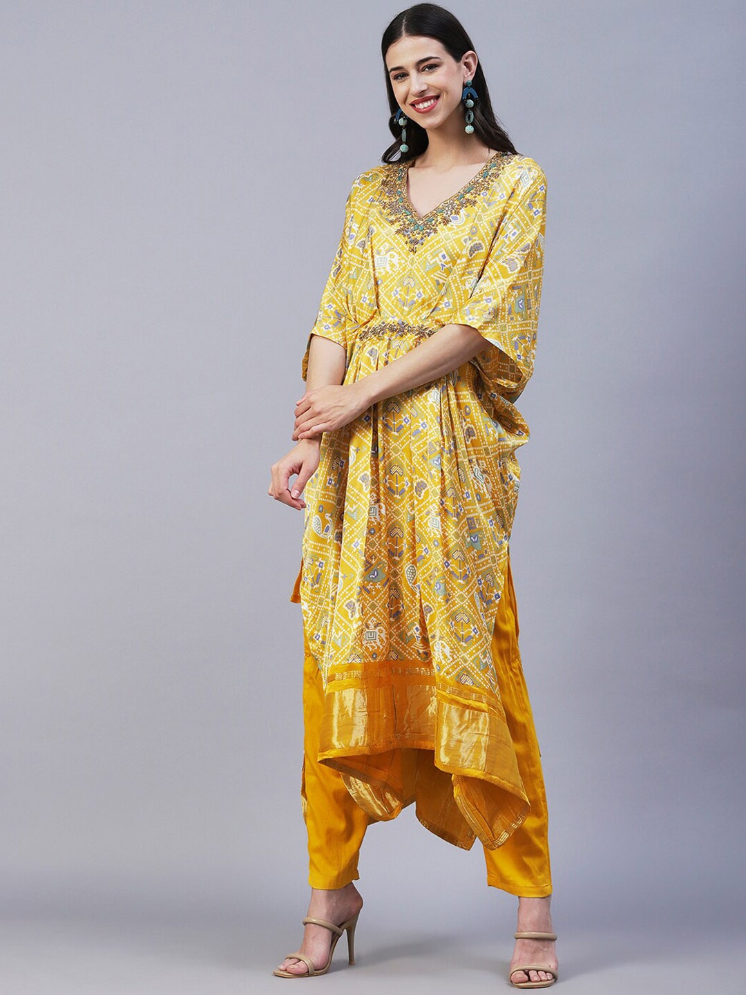 

FASHOR V-Neck Ethnic Motifs Printed Beads & Stones Kaftan Kurta With Trousers, Yellow