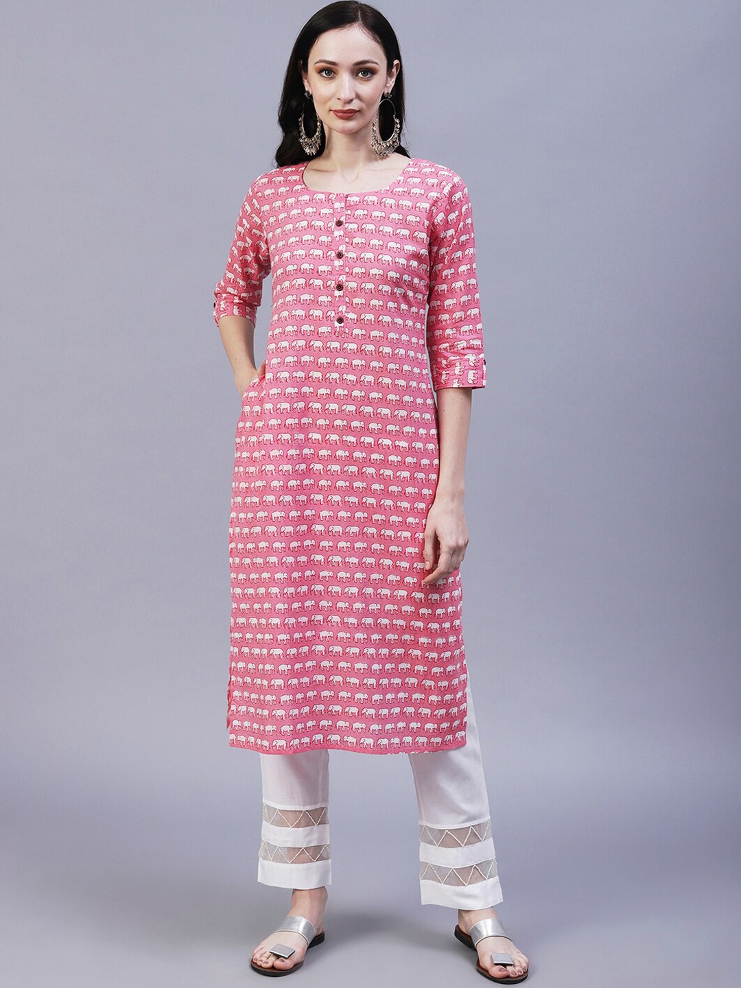 

FASHOR Ethnic Motifs Printed Pure Cotton Kurta, Pink