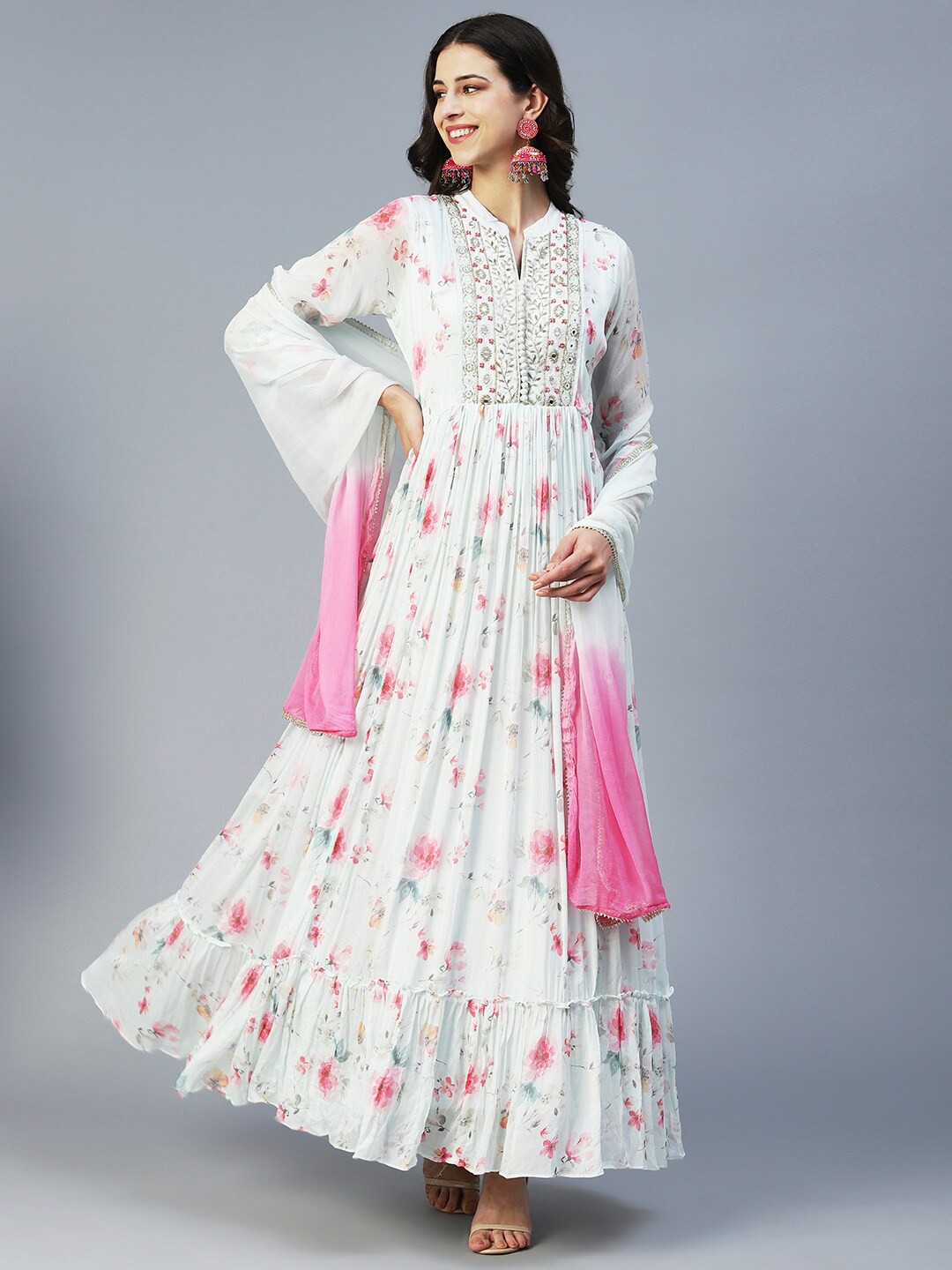 

FASHOR Floral Printed Chiffon Fit & Flare Maxi Ethnic Dress, Sea green