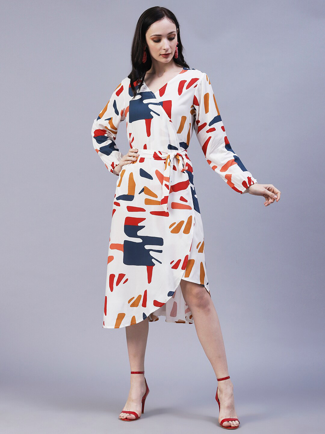 

FASHOR Printed V Neck Wrap Tulip Midi Dress, White
