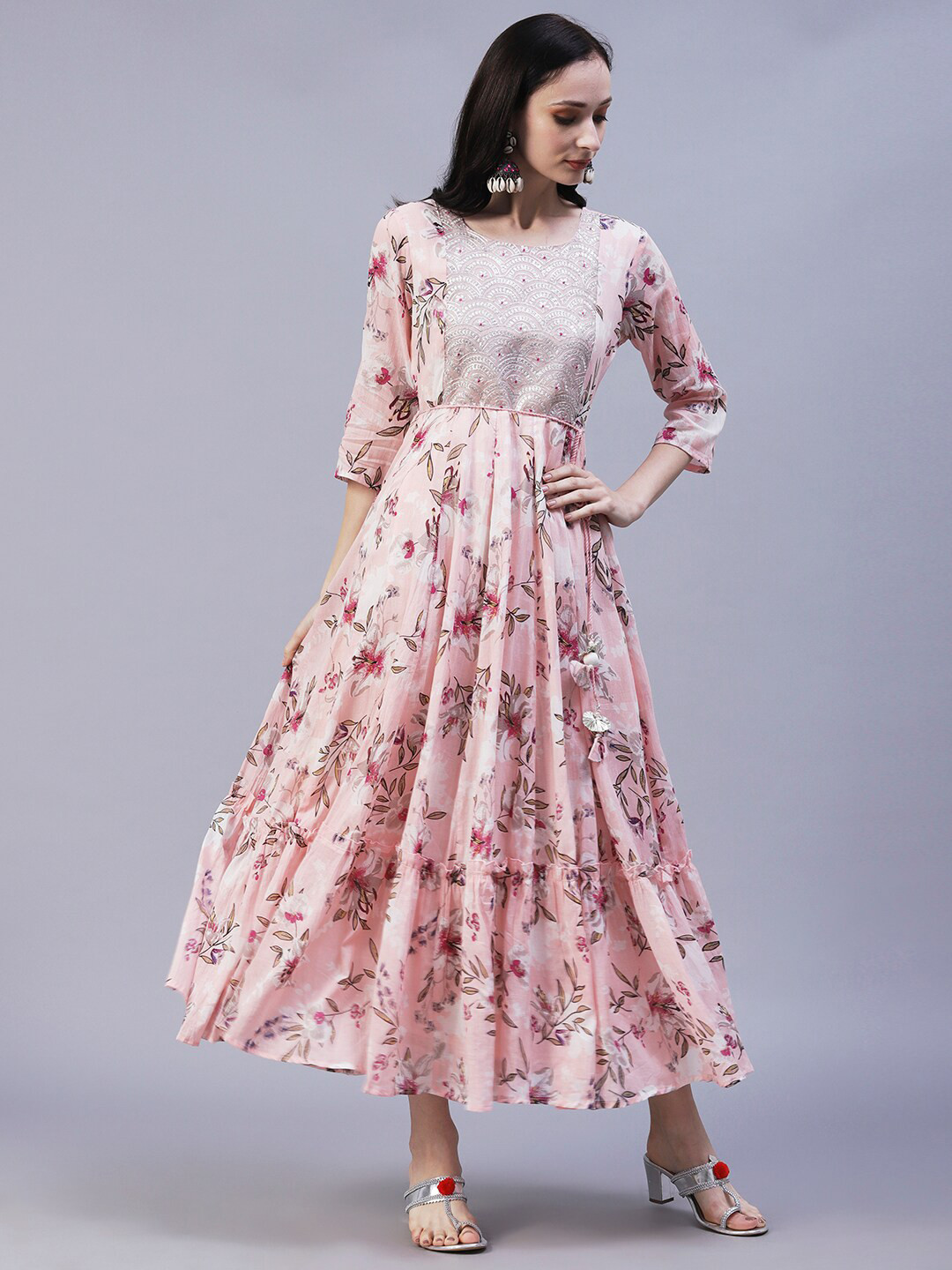 

FASHOR Floral Printed Midi A-Line Cotton Dress, Pink