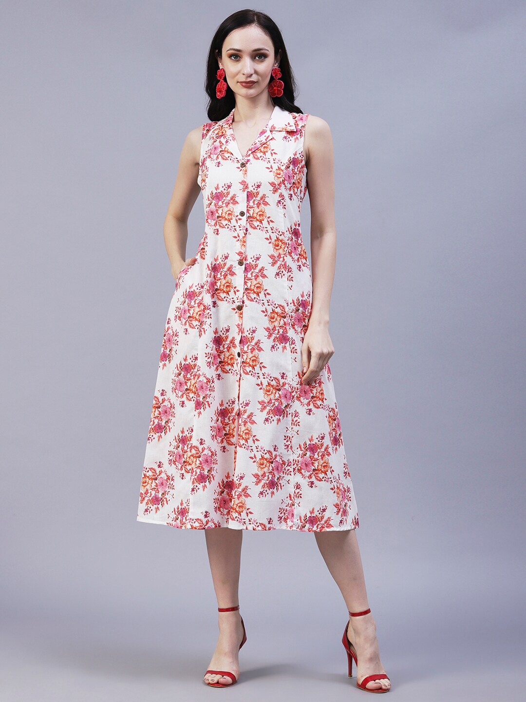 

FASHOR Shirt Collar Floral Printed Cotton A-Line Midi Dress, Off white