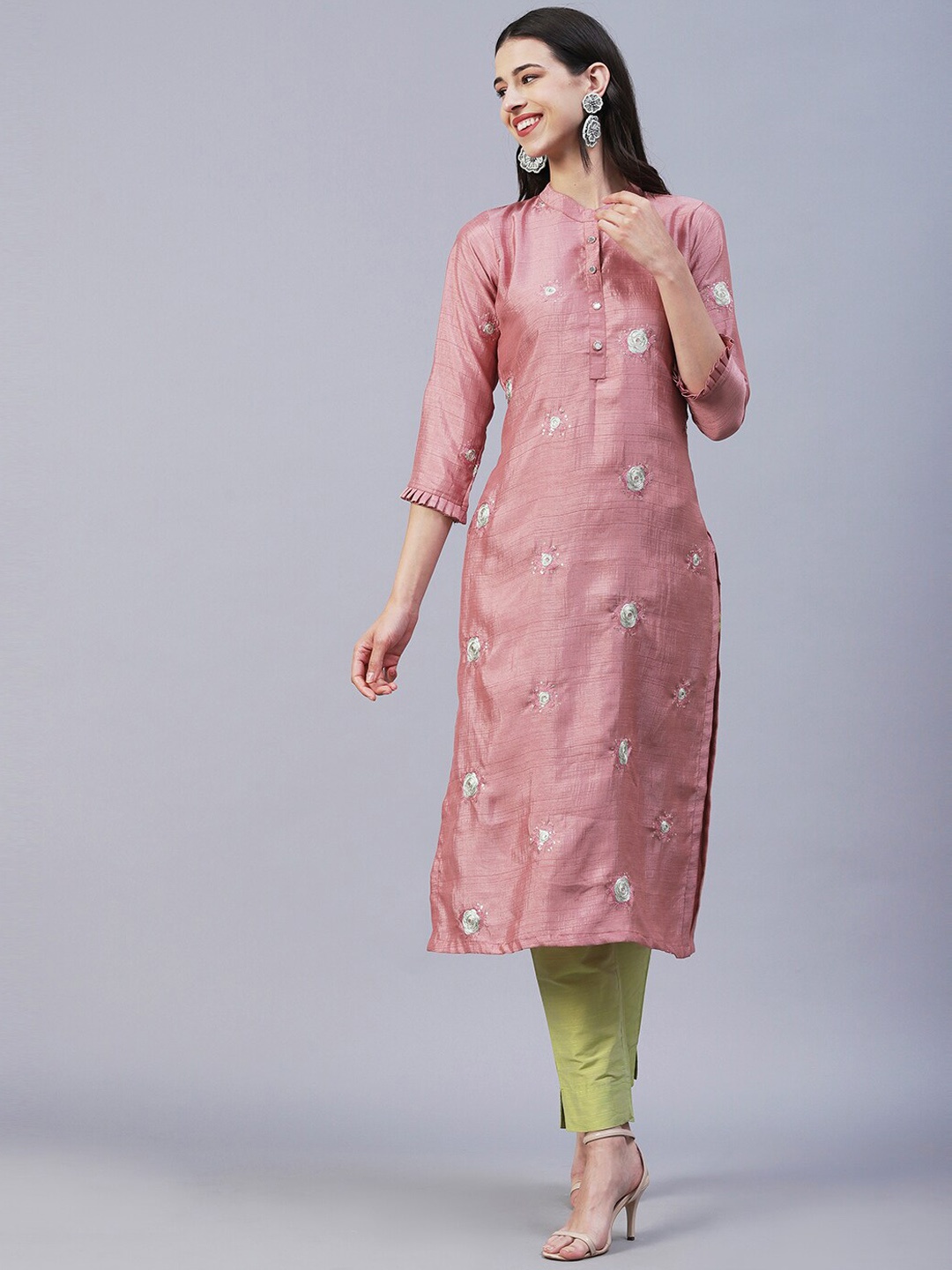 

FASHOR Floral Embroidered Kurta, Pink