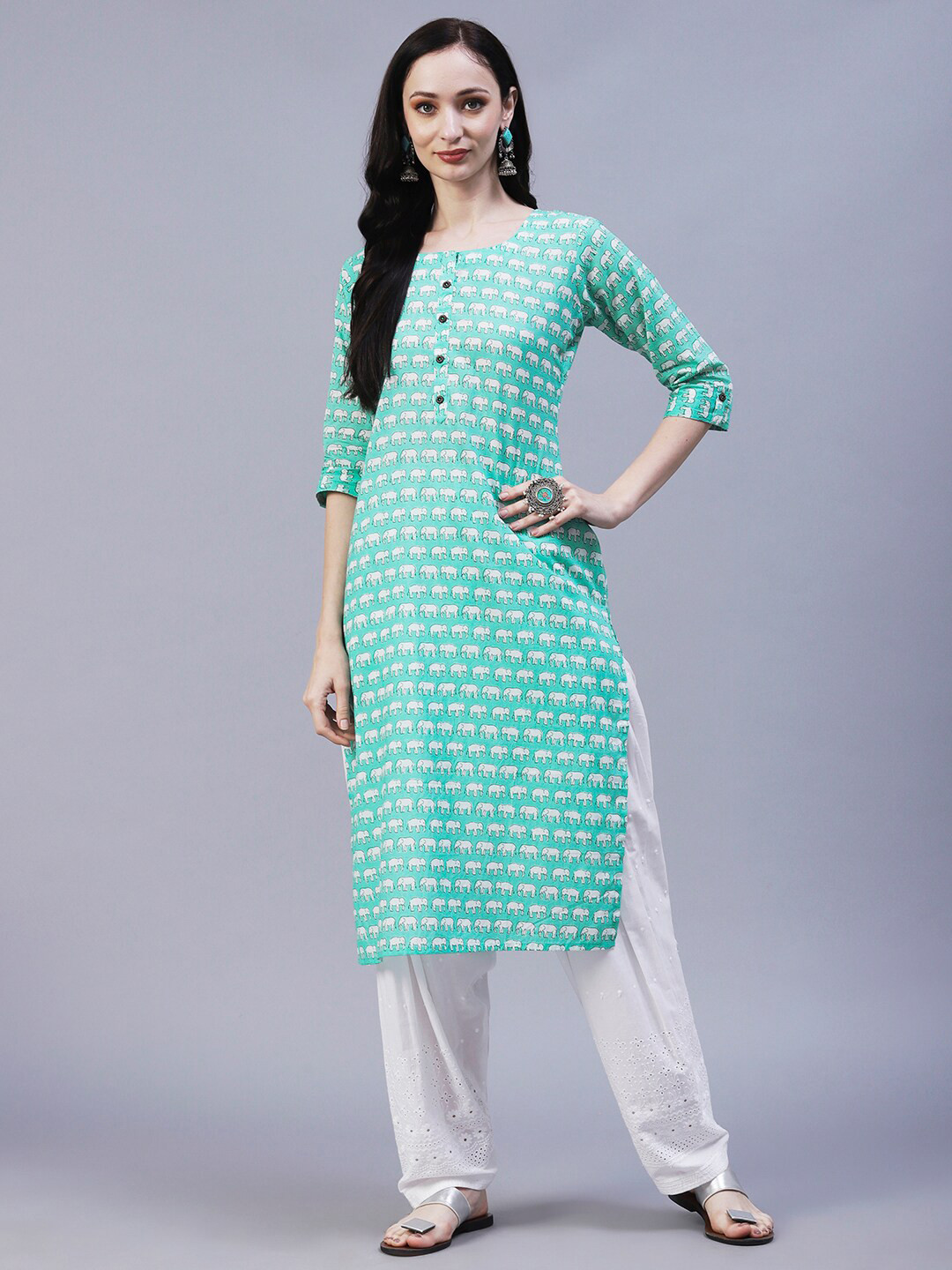 

FASHOR Ethnic Motif Printed Roll-Up Sleeves Kurta, Green