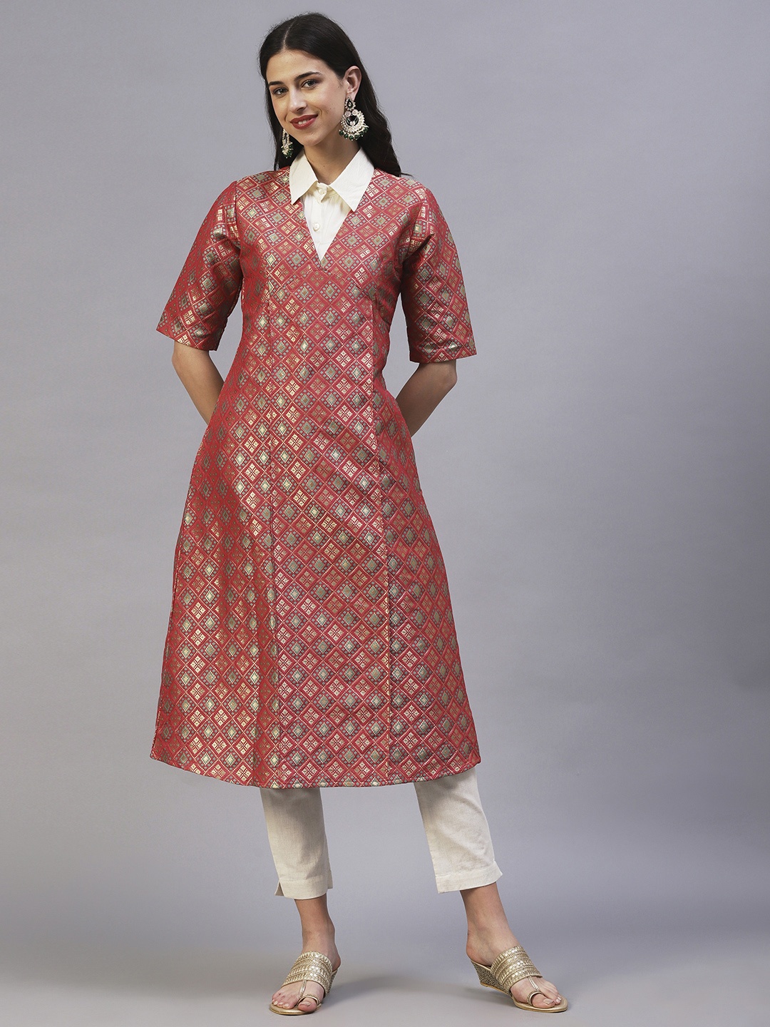 

FASHOR Ethnic Motifs Woven design Midi Dress With Shirt, Coral