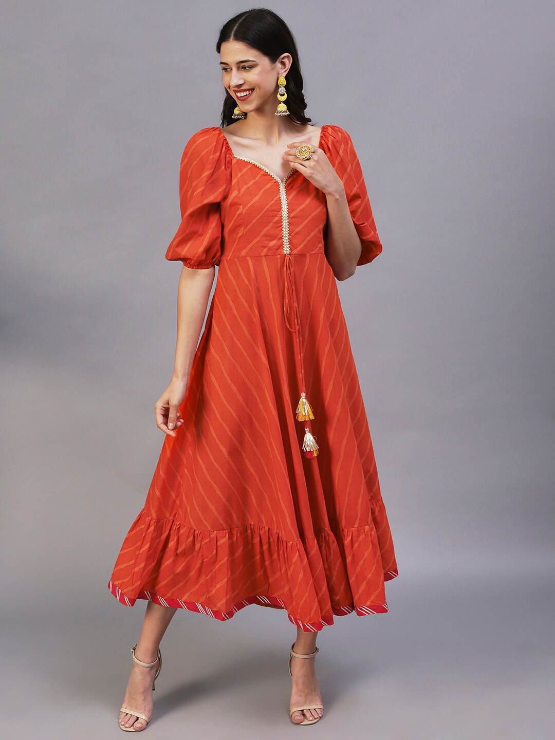 

FASHOR Leheriya Printed Fit And Flare Midi Dress, Orange