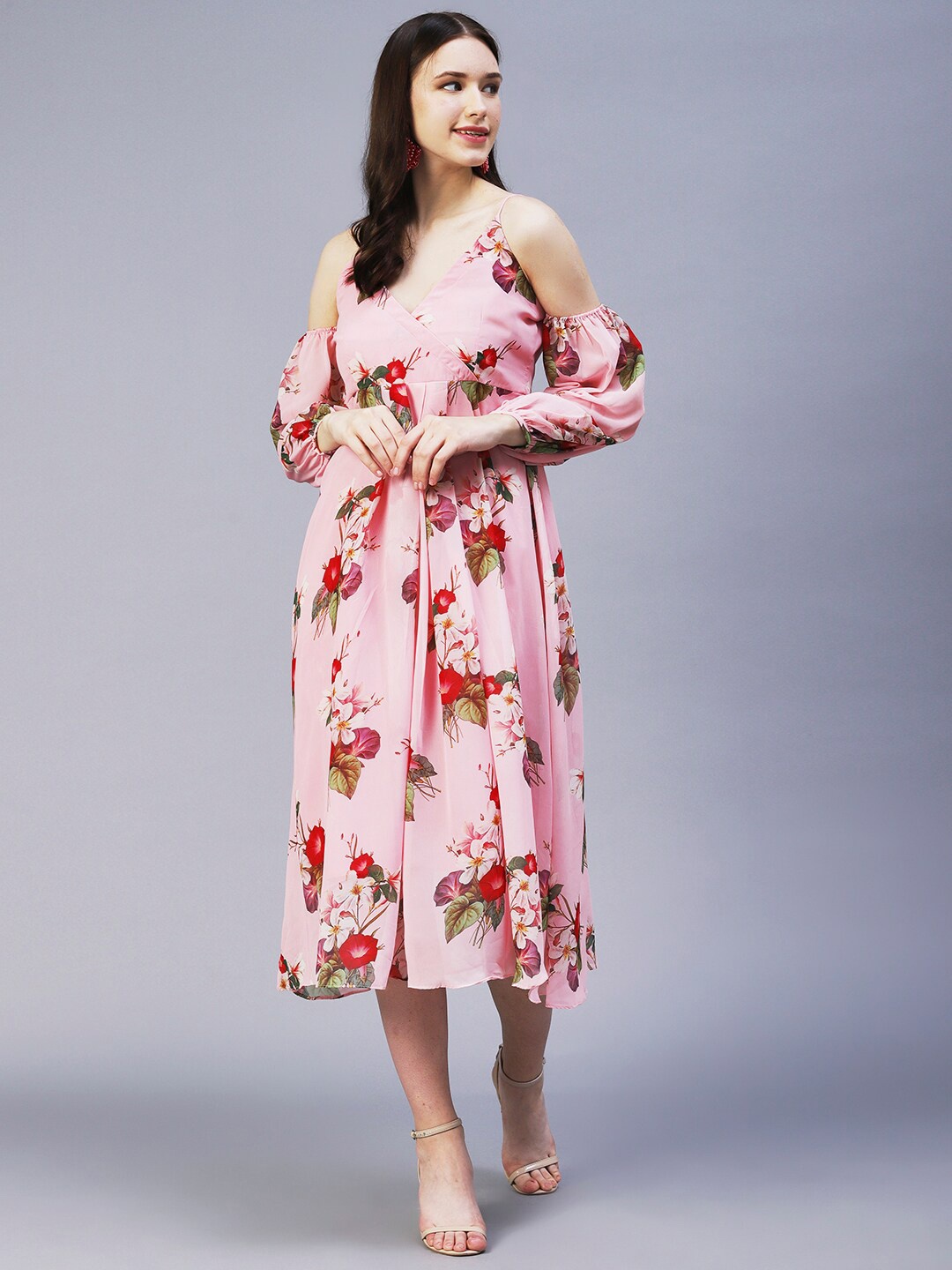 

FASHOR Floral Printed Georgette A-Line Midi Dress, Pink