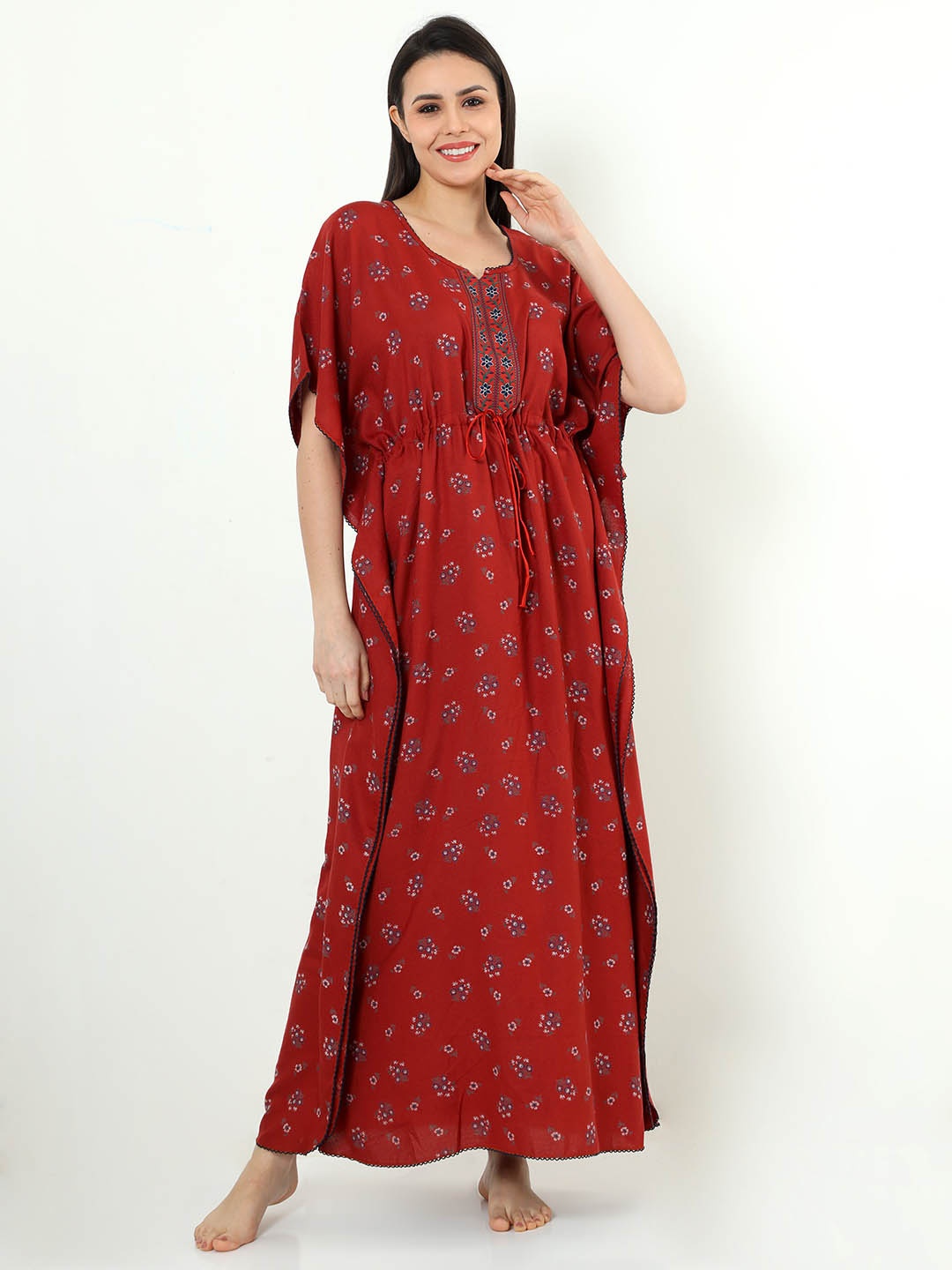 

9shines Label Floral Printed Kaftan Maxi Nightdress, Red