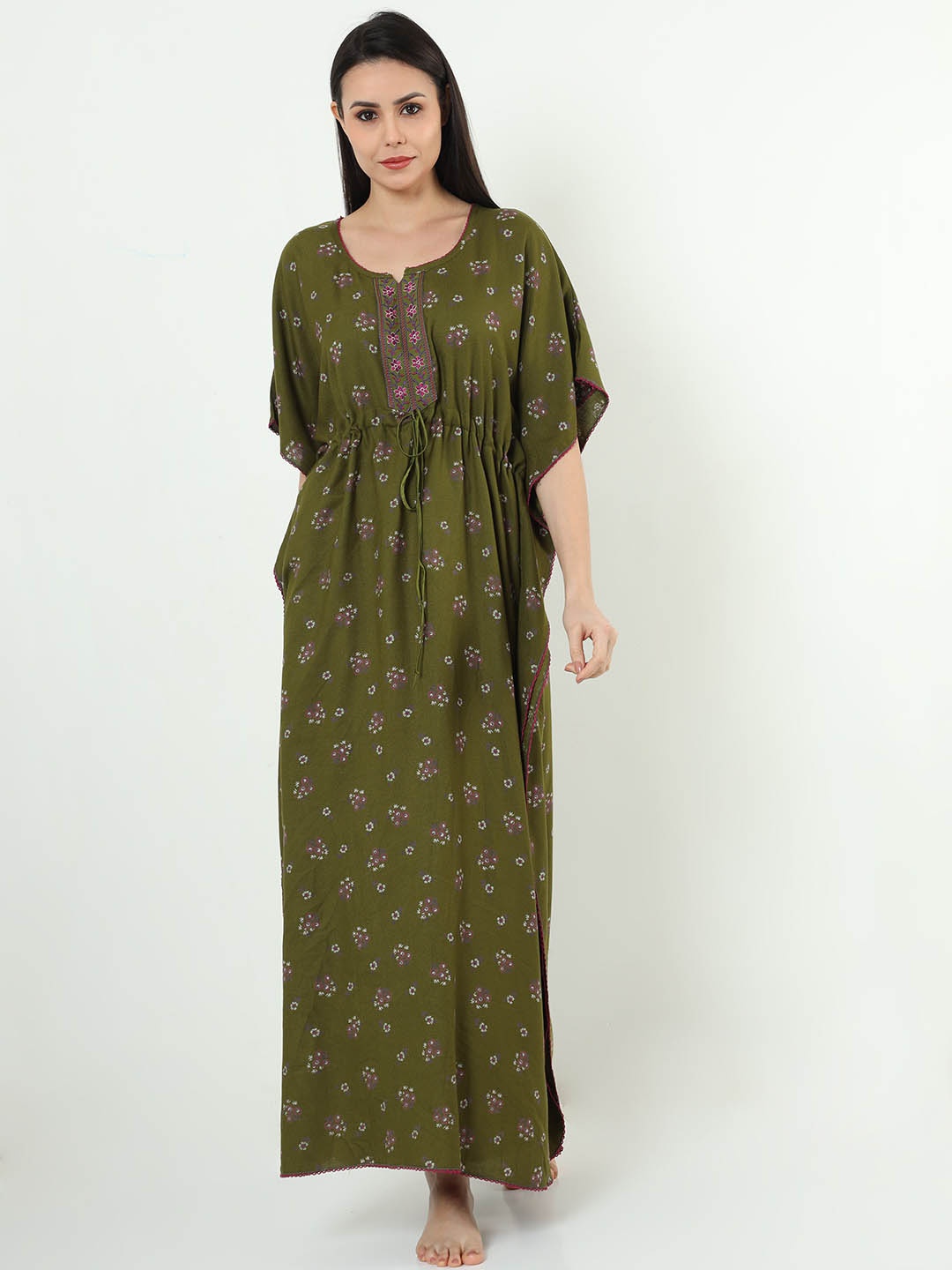 

9shines Label Floral Printed Kaftan Maxi Nightdress, Green