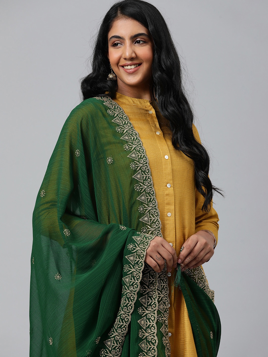 

Rani Saahiba Ethnic Motifs Embroidered Chiffon Dupatta With Zari, Green