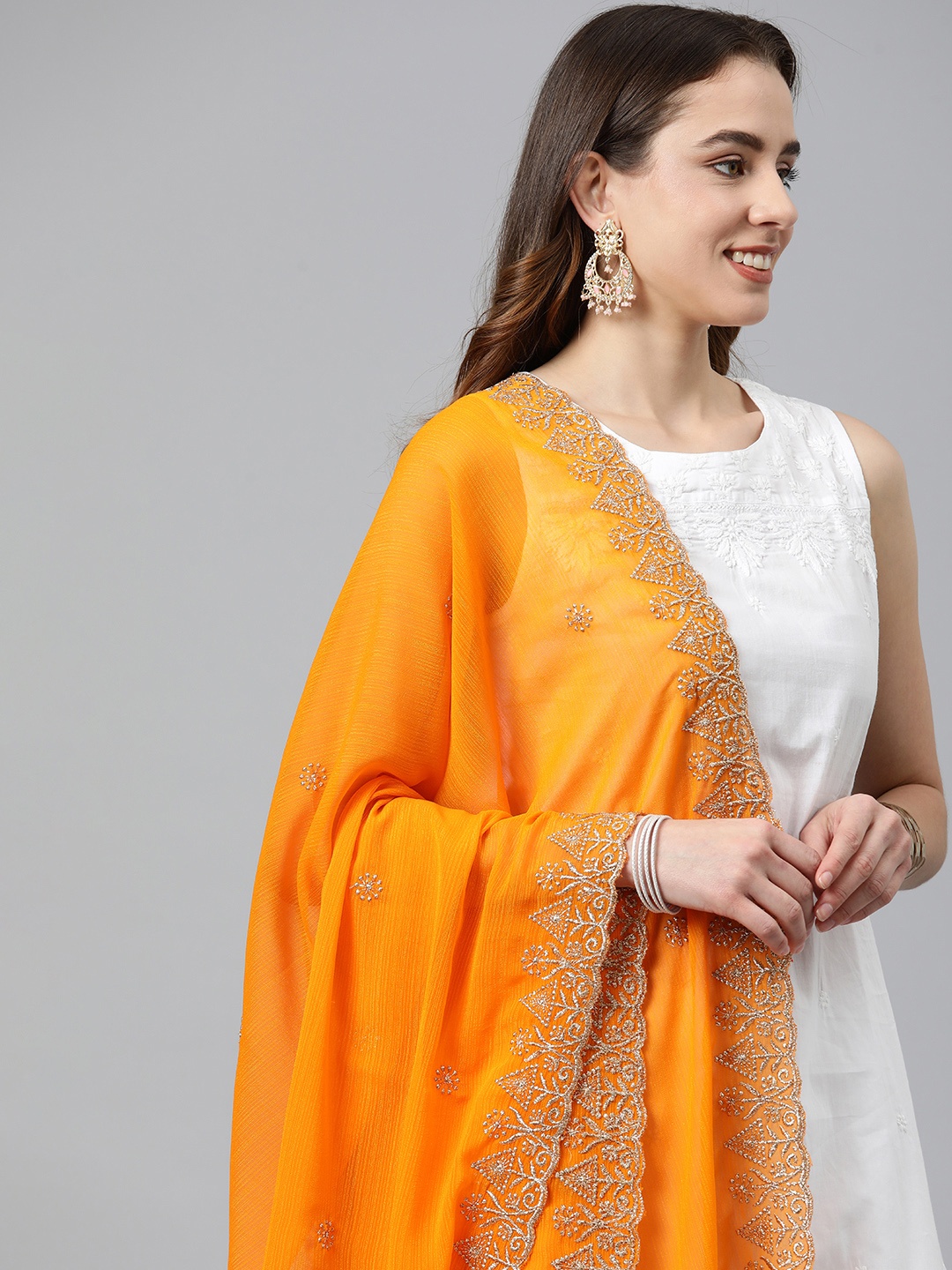 

Rani Saahiba Ethnic Motifs Embroidered Chiffon Dupatta With Zari, Orange