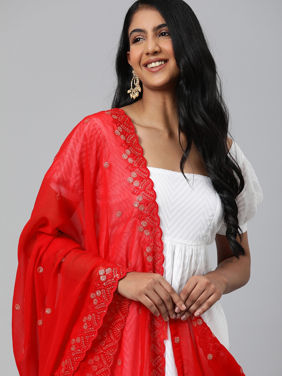 

Rani Saahiba Ethnic Motifs Embroidered Chiffon Dupatta With Sequinned, Red