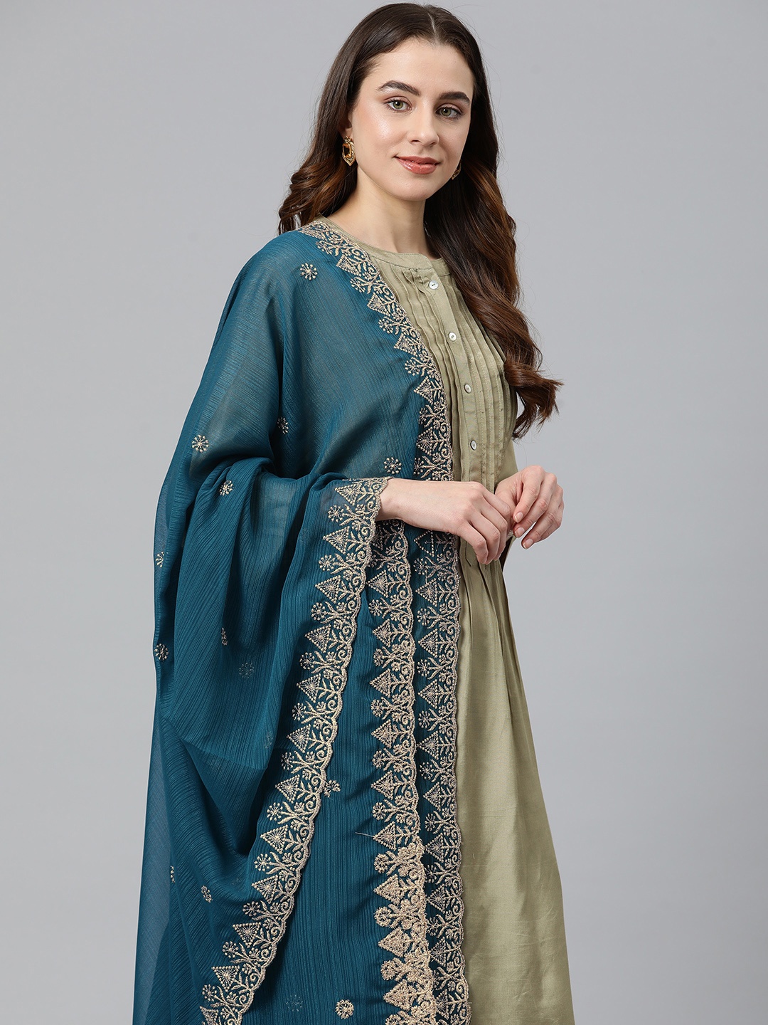 

Rani Saahiba Ethnic Motifs Embroidered Chiffon Dupatta With Zari, Teal