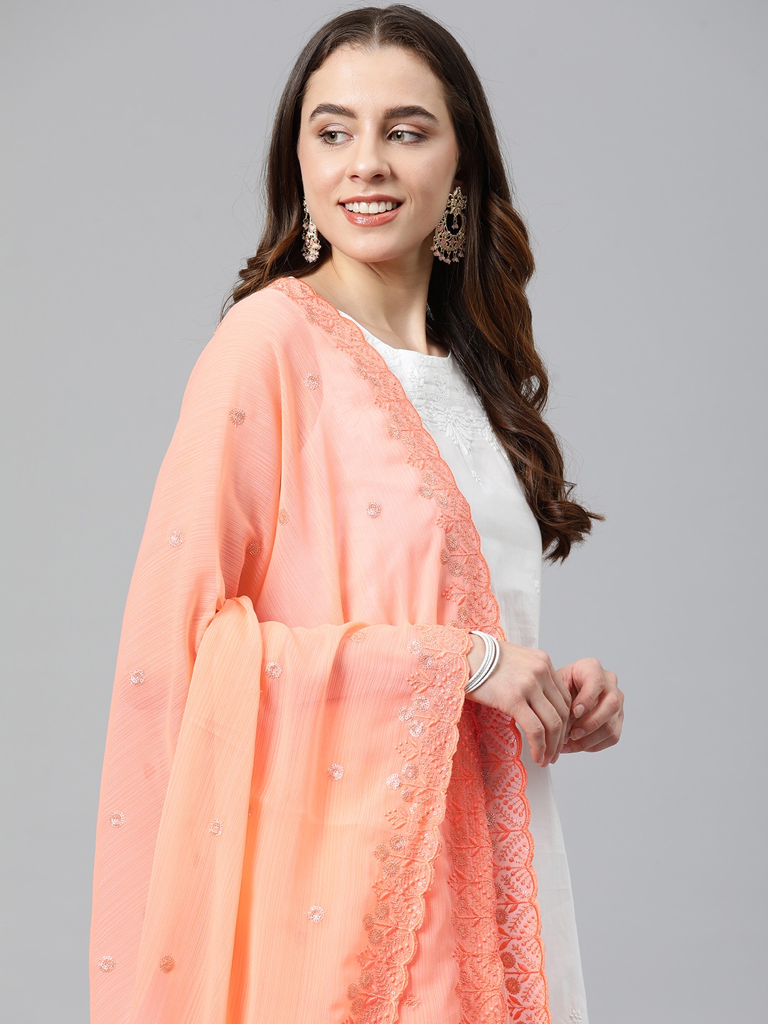 

Rani Saahiba Ethnic Motifs Embroidered Chiffon Dupatta With Sequinned Detail, Peach