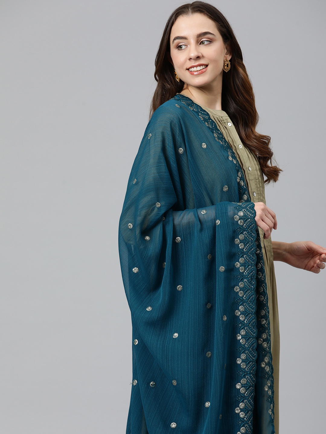 

Rani Saahiba Ethnic Motifs Embroidered Chiffon Dupatta With Sequinned Detail, Teal