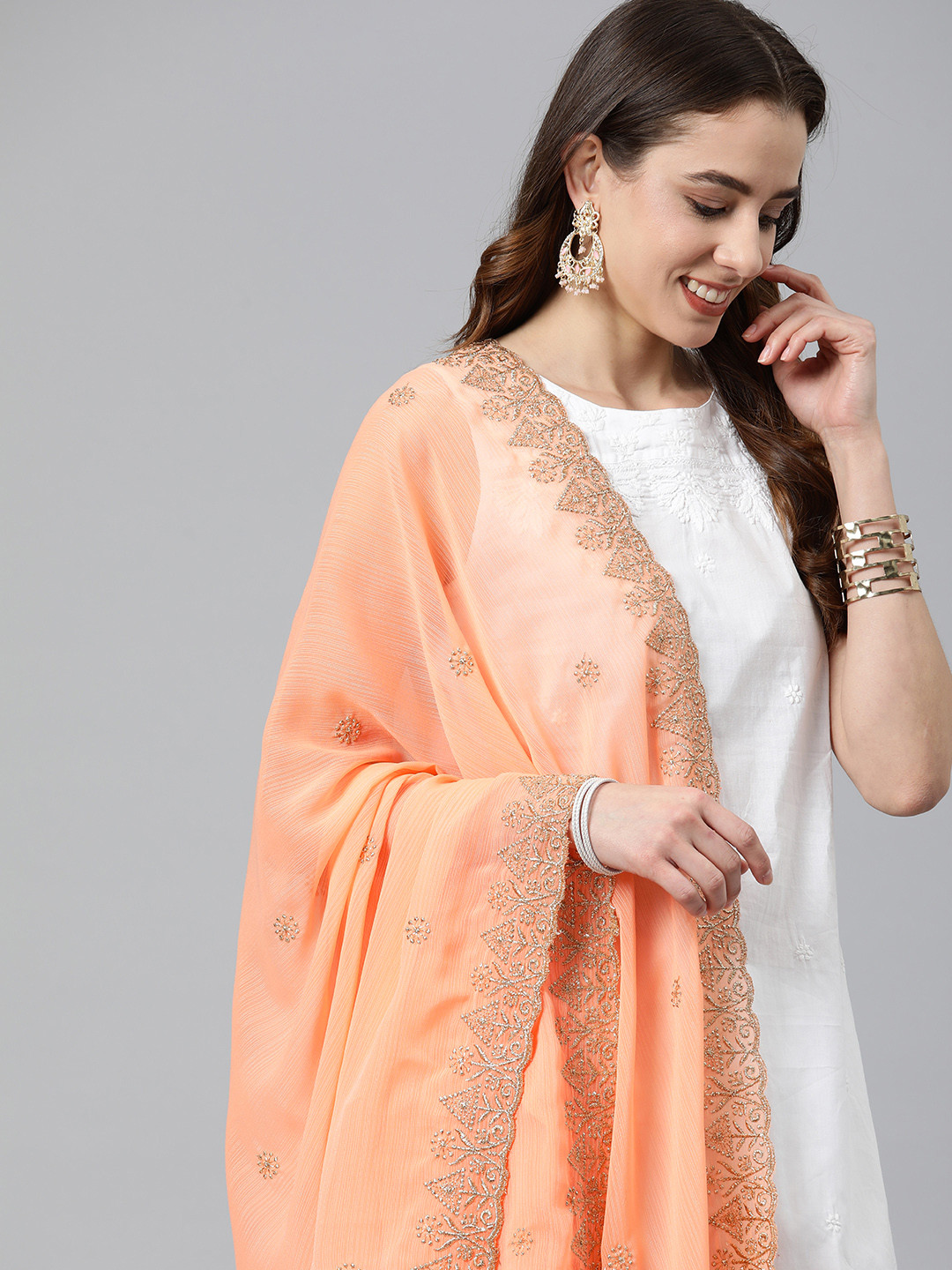 

Rani Saahiba Ethnic Motifs Embroidered Chiffon Dupatta With Zari, Peach