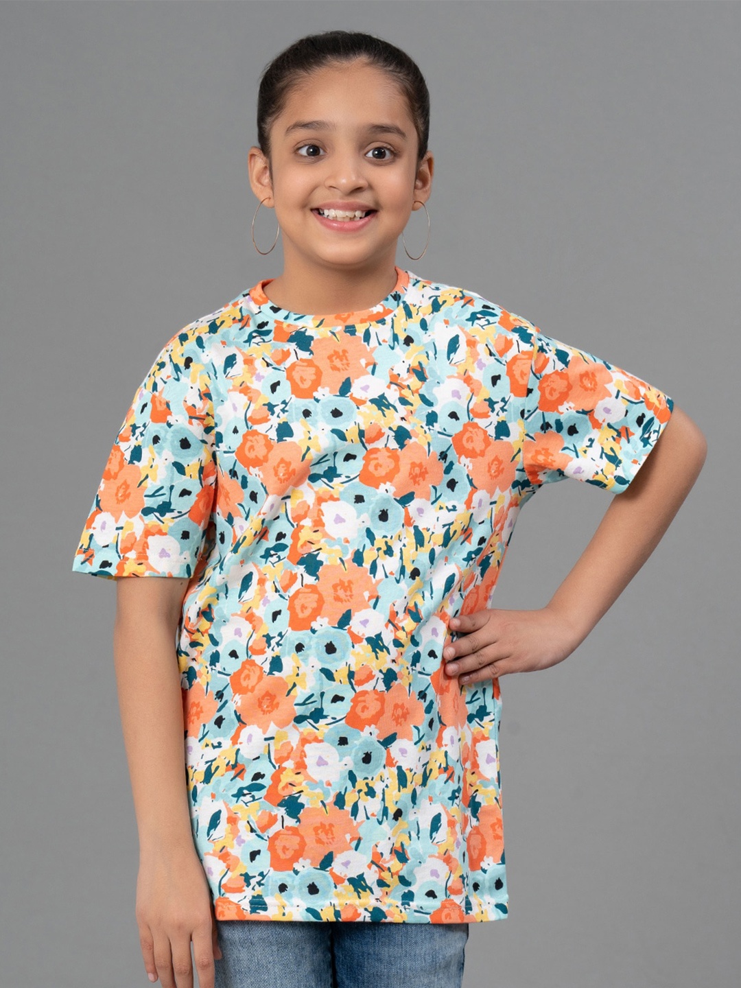 

Mode by Red Tape Girls Floral Printed Round Neck Pure Cotton T-shirt, Blue