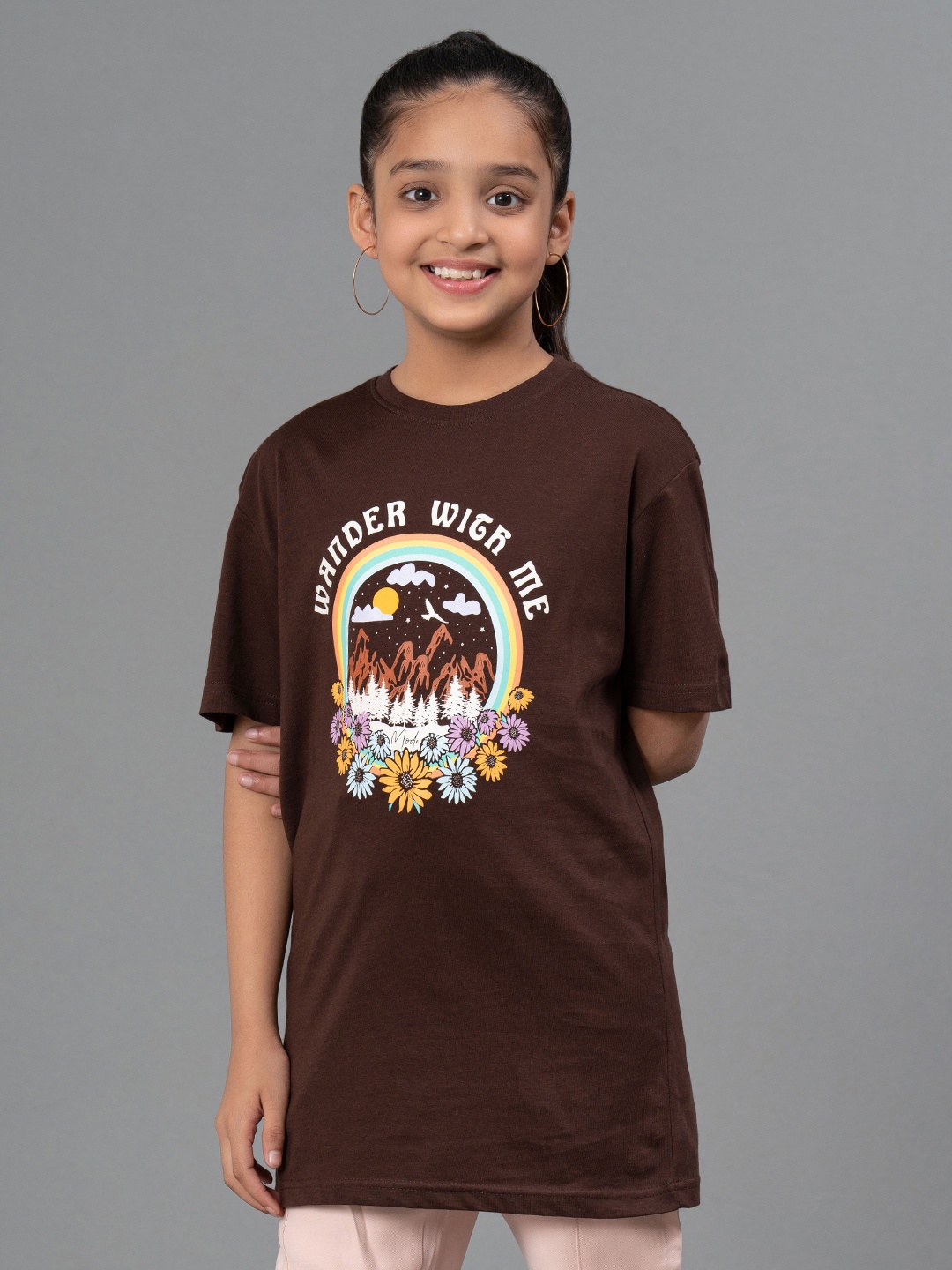 

Mode by Red Tape Girls Floral Printed Pure Cotton T-shirt, Brown