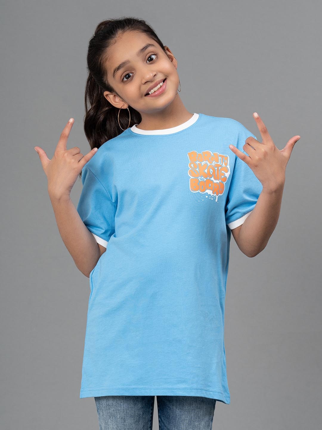 

Mode by Red Tape Girls Typography Printed Round Neck Pure Cotton T-shirt, Blue