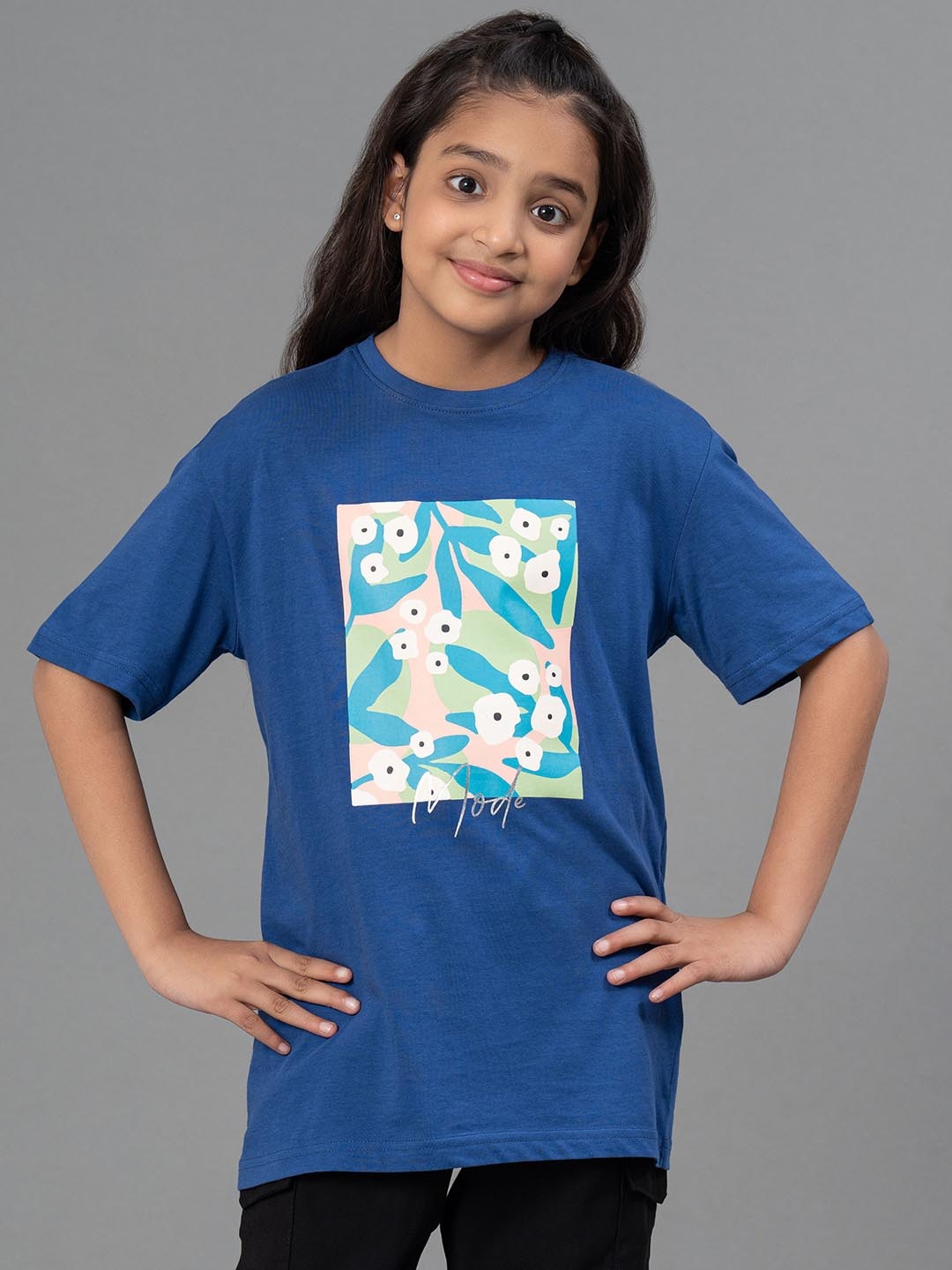 

Mode by Red Tape Girls Floral Printed Short Sleeve Pure Cotton T-shirt, Blue