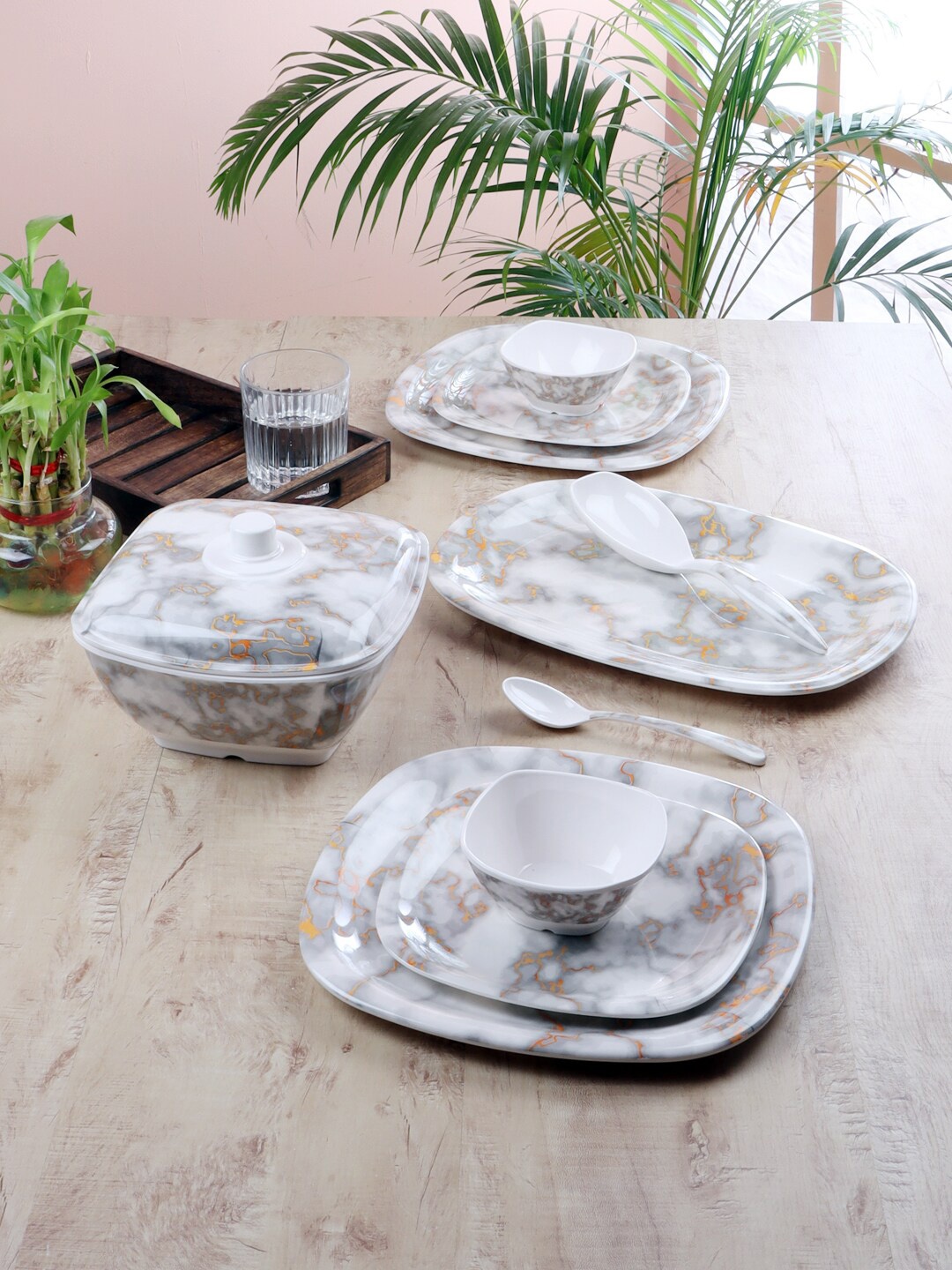 

CDI White & Gold-Toned 40 Pcs Printed Melamine Glossy Dinner Set