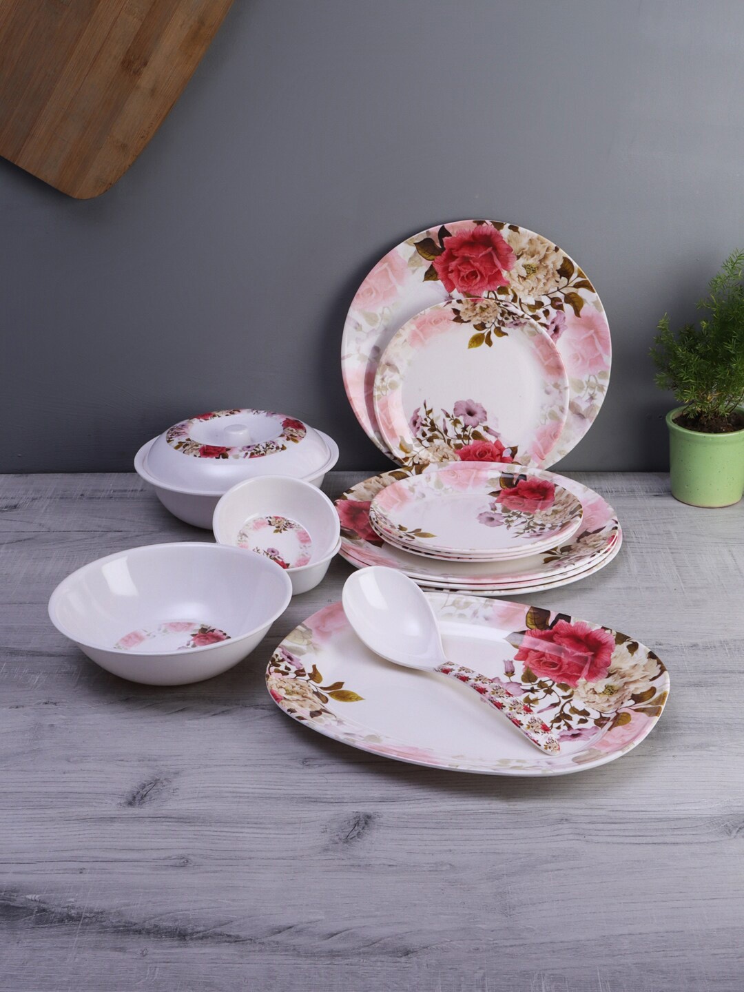 

CDI White & Pink 33 Pieces Floral Printed Melamine Glossy Dinner Set