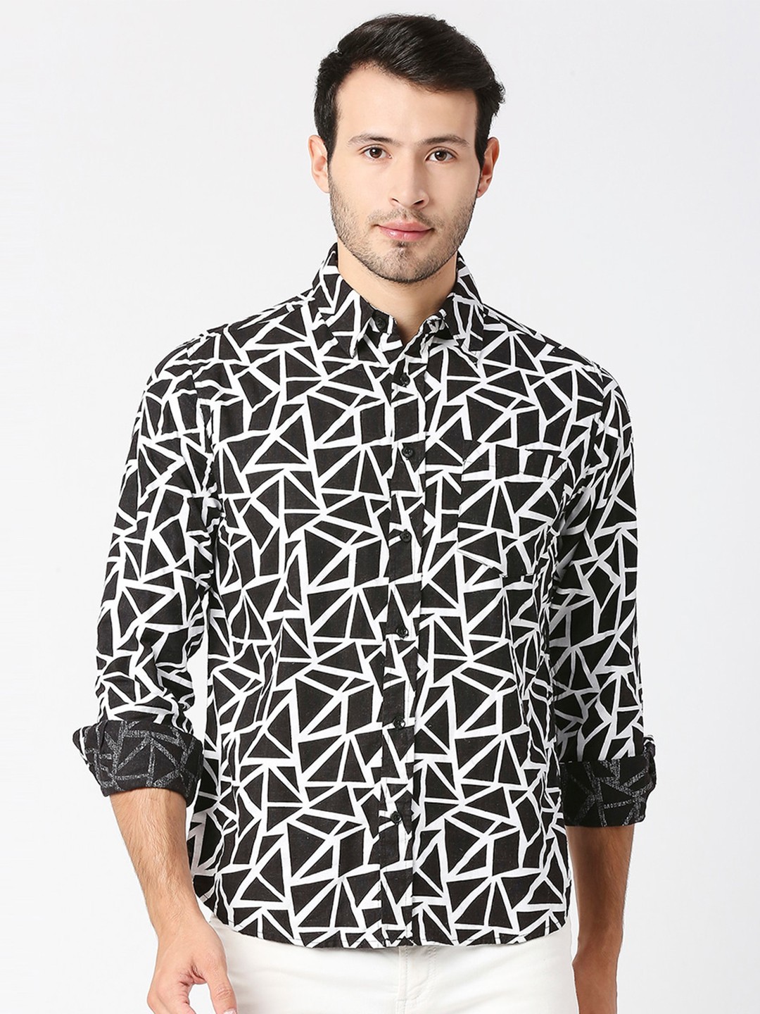 

MOD ECRU Geometric Printed Monochrome Casual Hemp Bamboo Shirt, Black