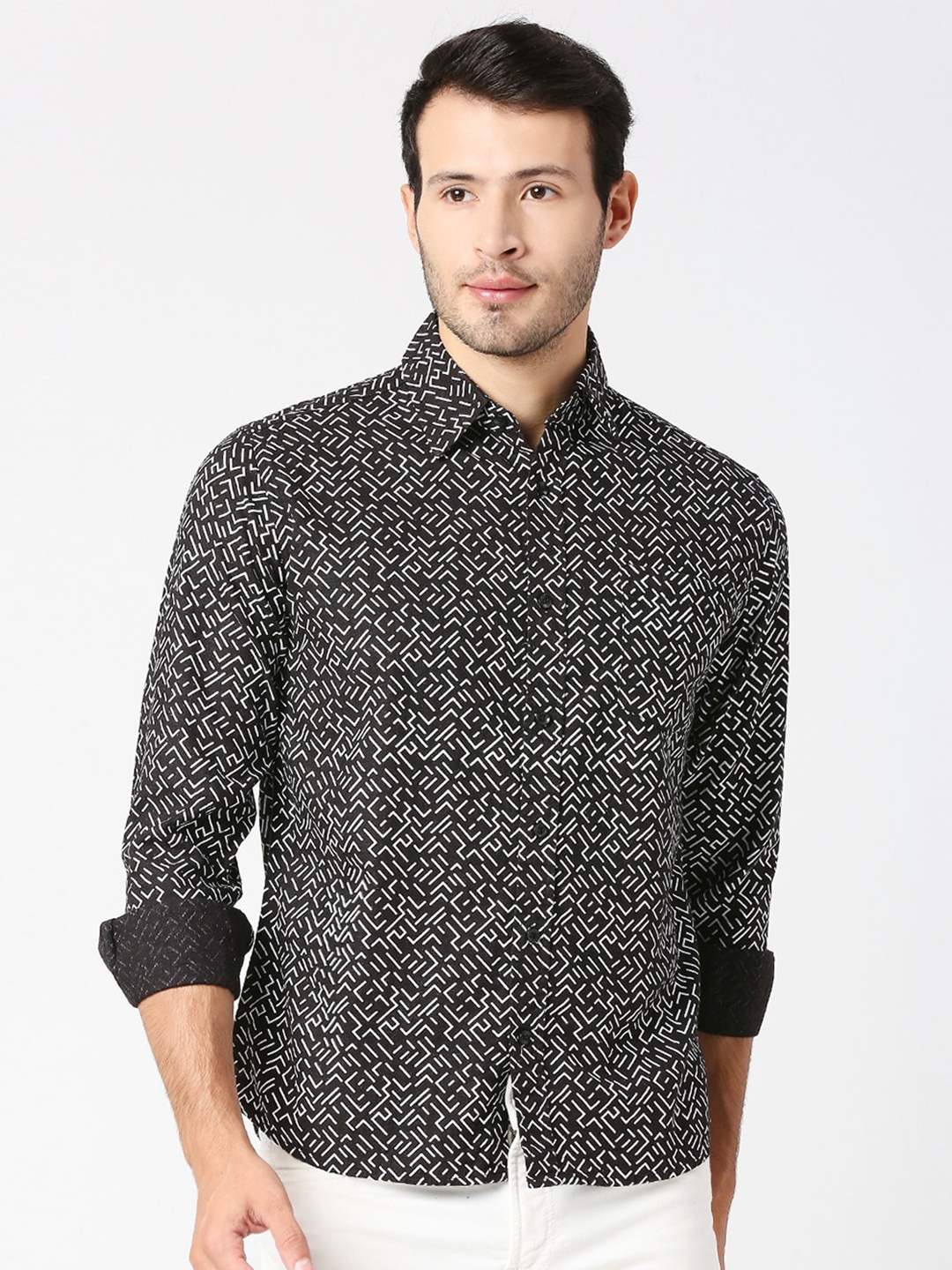 

MOD ECRU Geometric Printed Monochrome Casual Hemp Bamboo Shirt, Black
