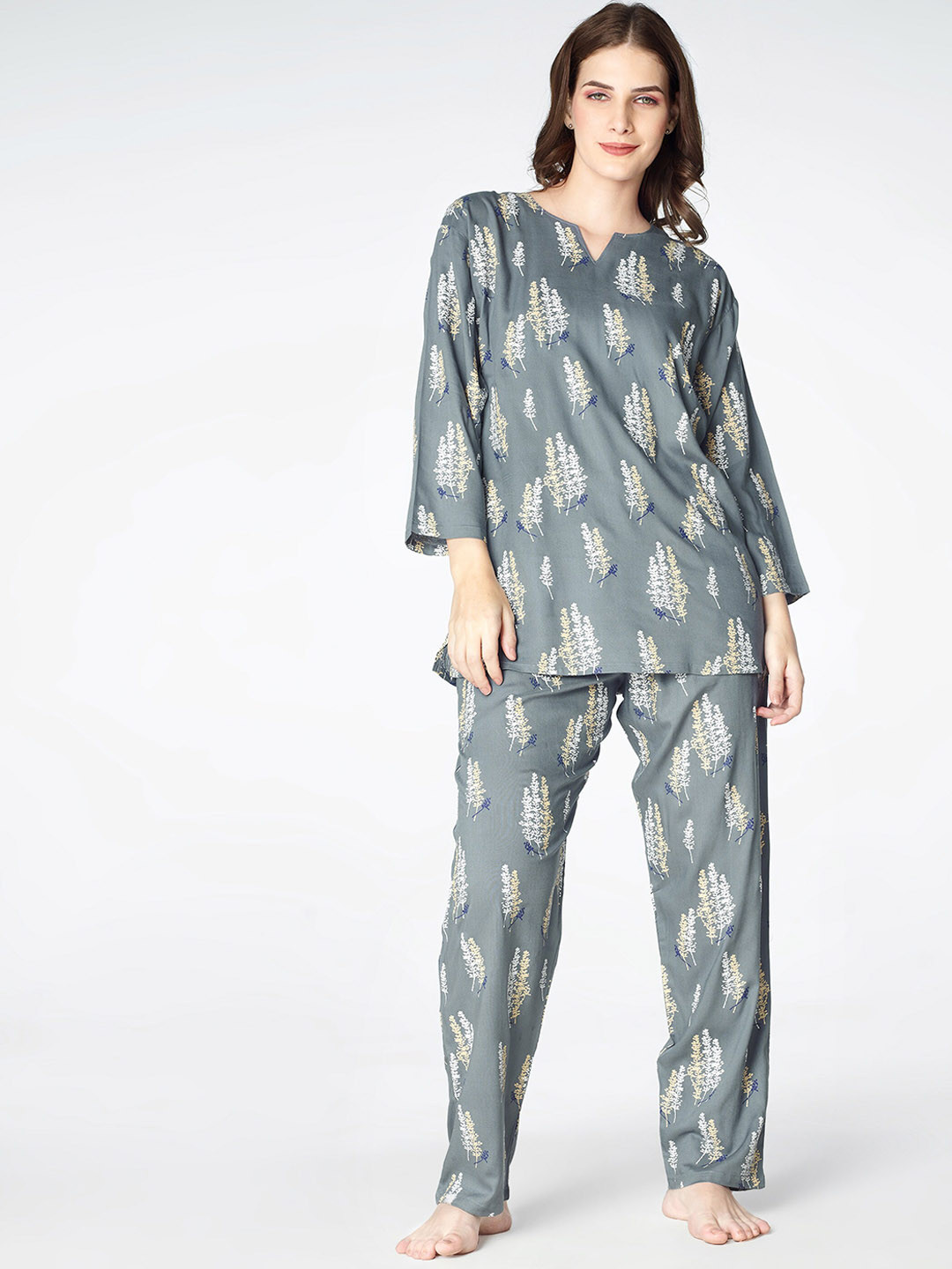 

Zeyo Floral Printed Night Suit, Grey
