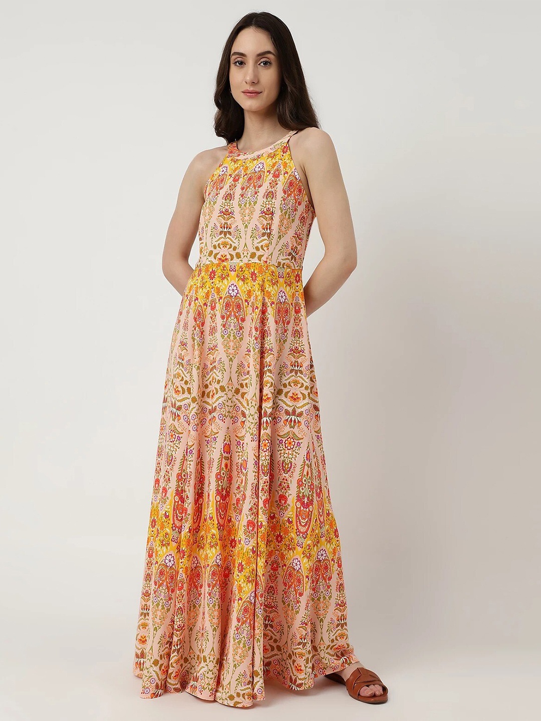 

Marks & Spencer Halter Neck Floral Printed A-Line Dress, Beige