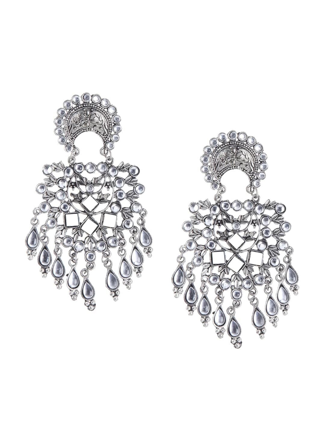 

Krelin Silver Plated Oxidised Contemporary Kundan Studded Drop Earrings