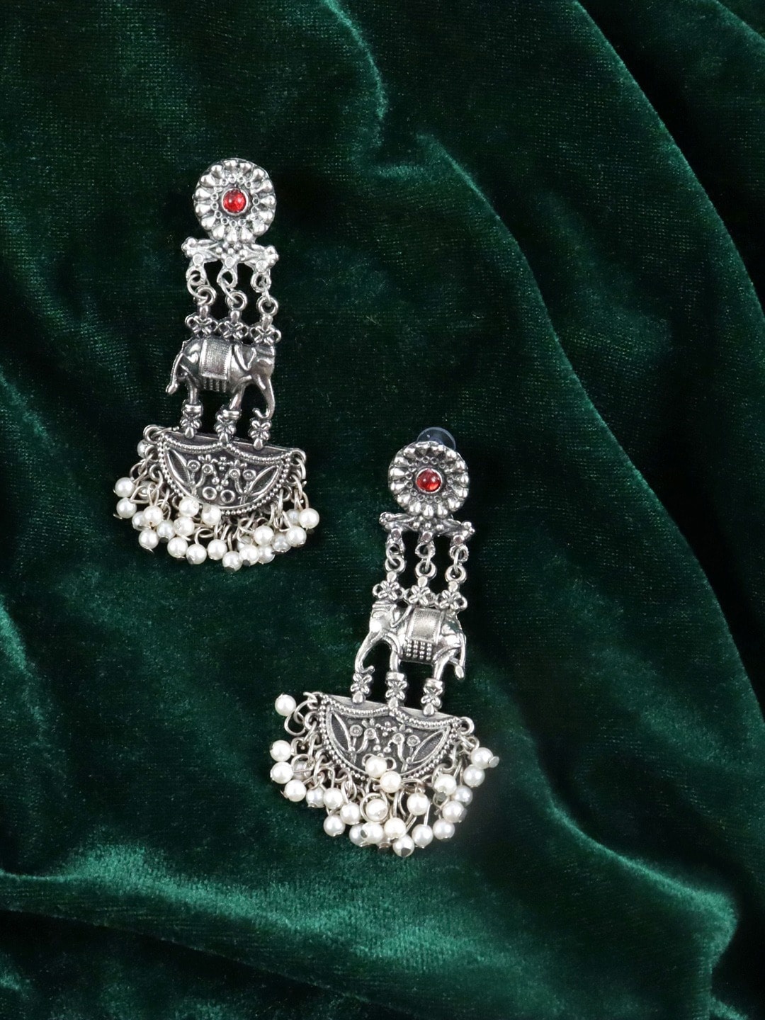 

Krelin Silver-Plated Elephant Shaped Oxidized Drop Earrings, Red