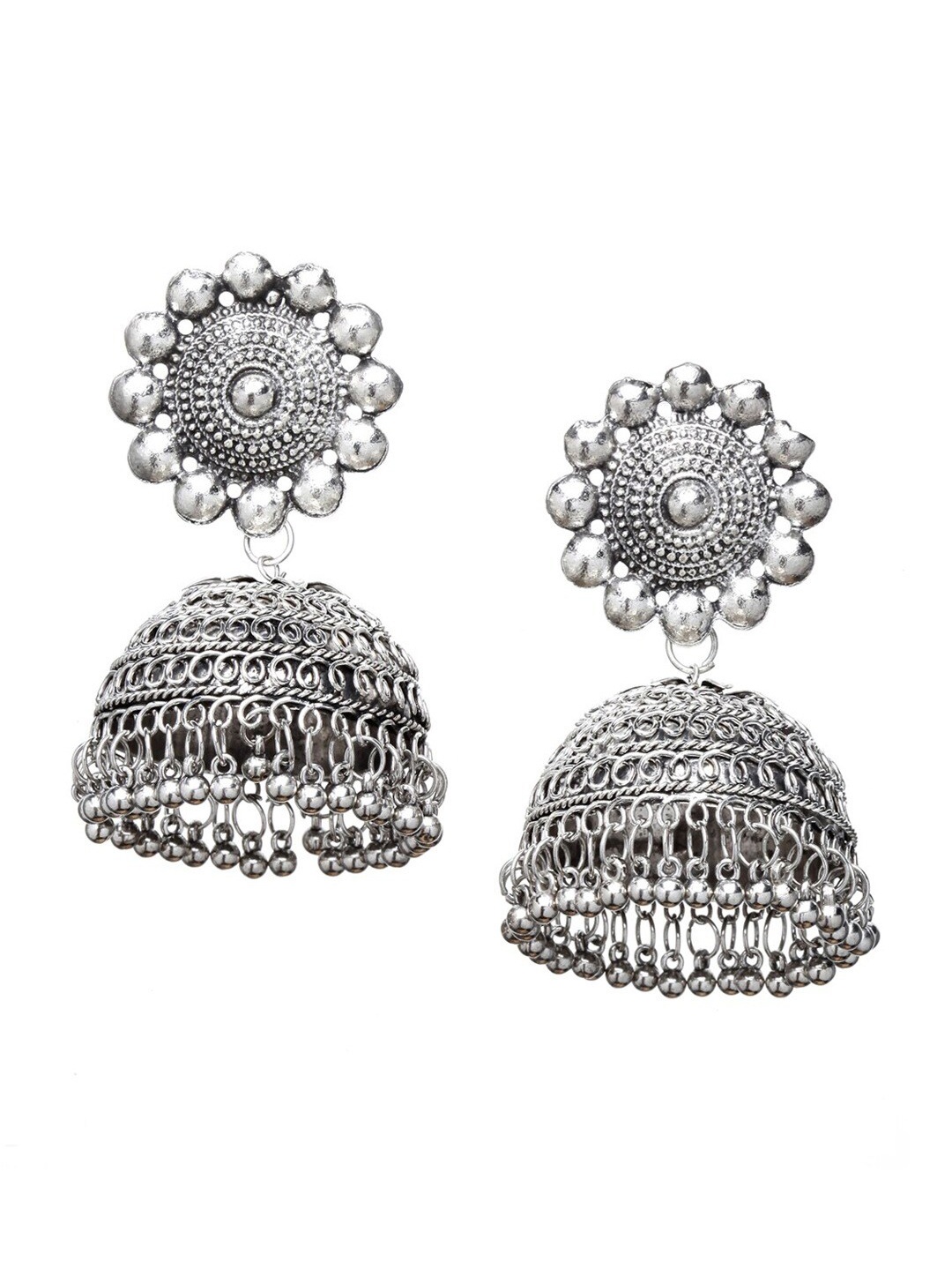 

Krelin Silver Plated Dome Shaped Oxidised Stone Beaded Jhumkas Earrings