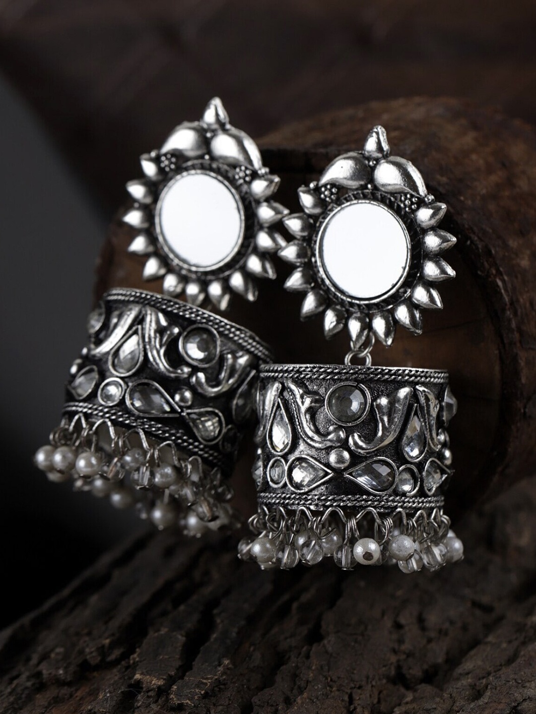 

Krelin Silver Plated Contemporary Oxidised Stone Beaded Jhumkas Earrings